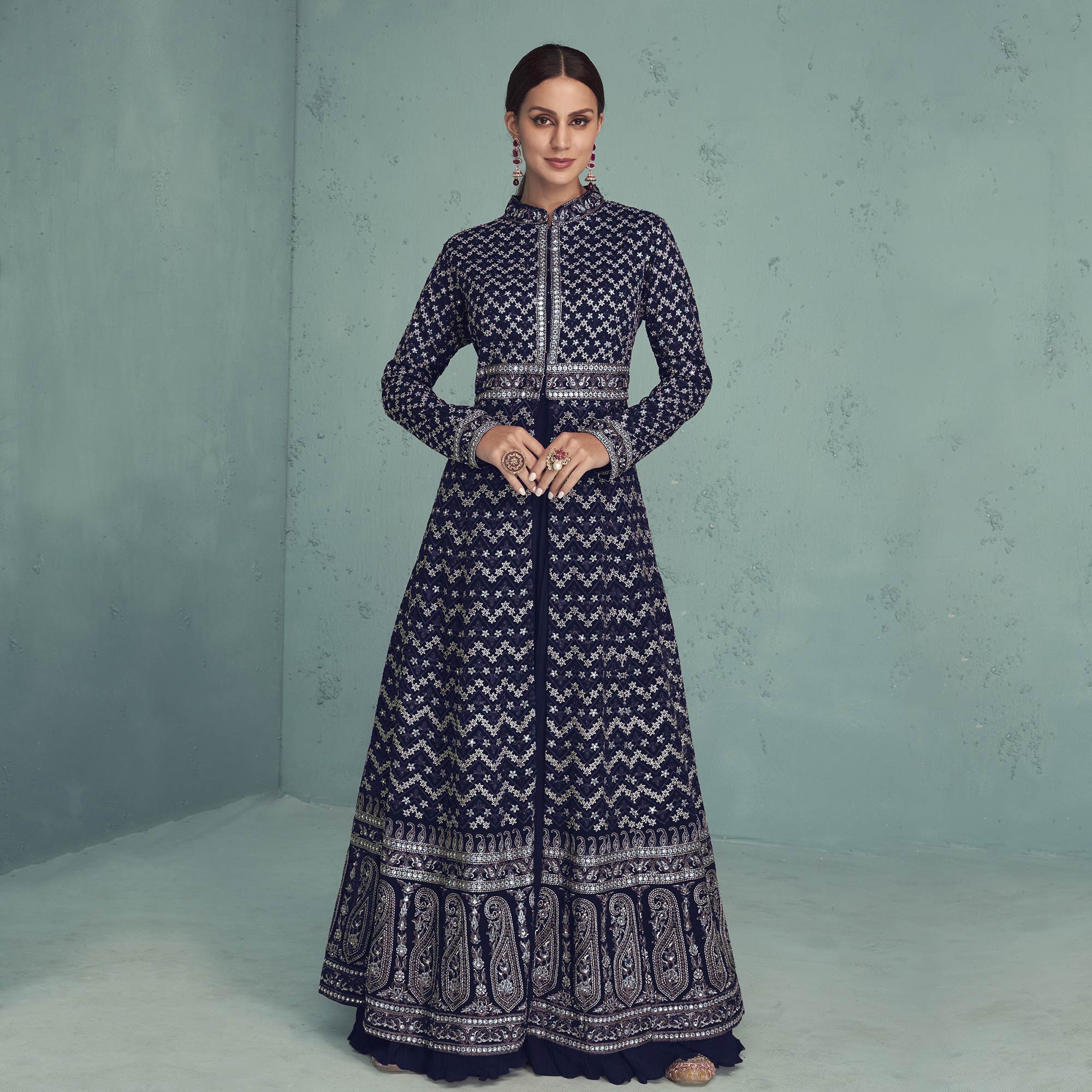 Blue Floral Embroidered Georgette Front Slit Suit