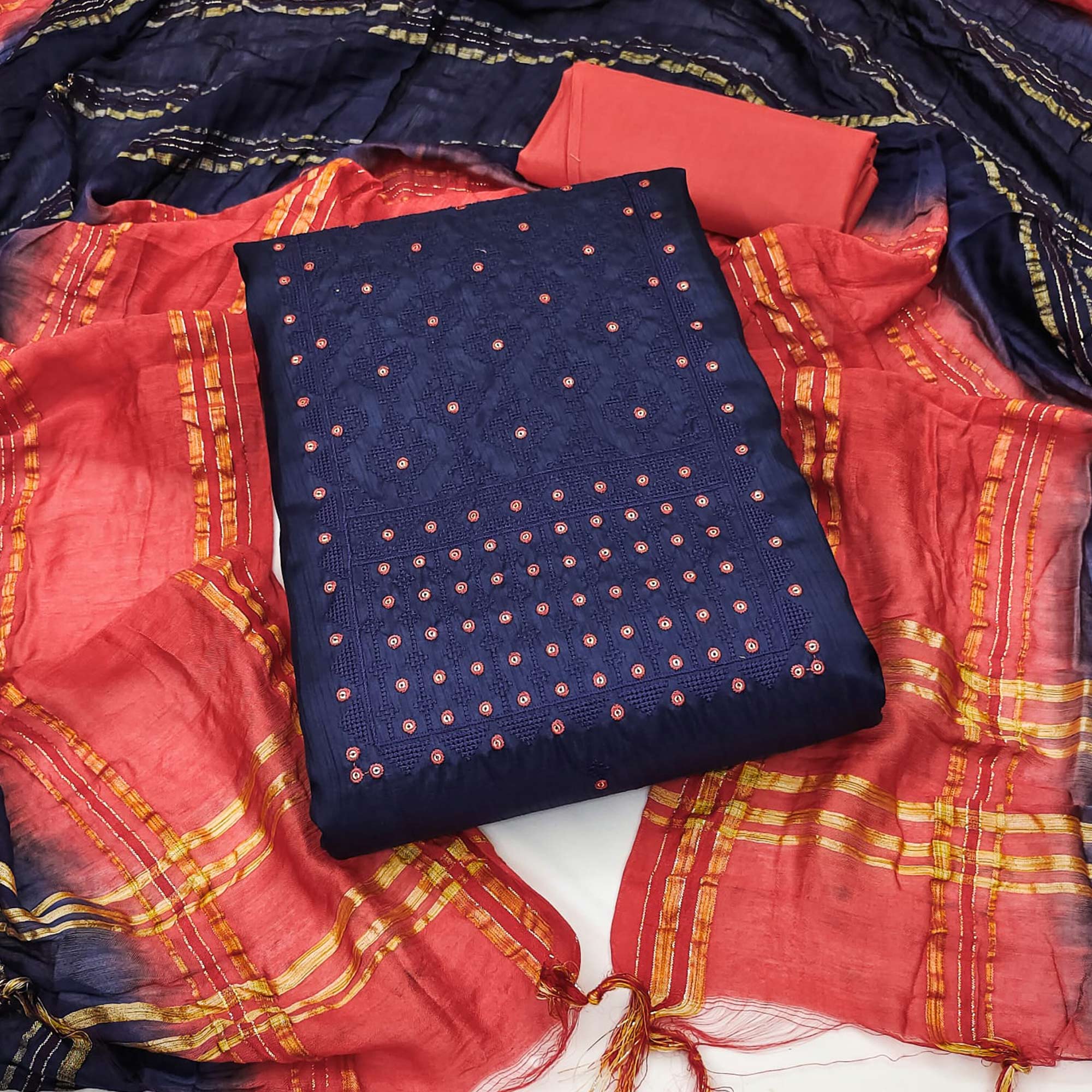 Navy Blue Sequins Embroidered Raw Silk Dress Material