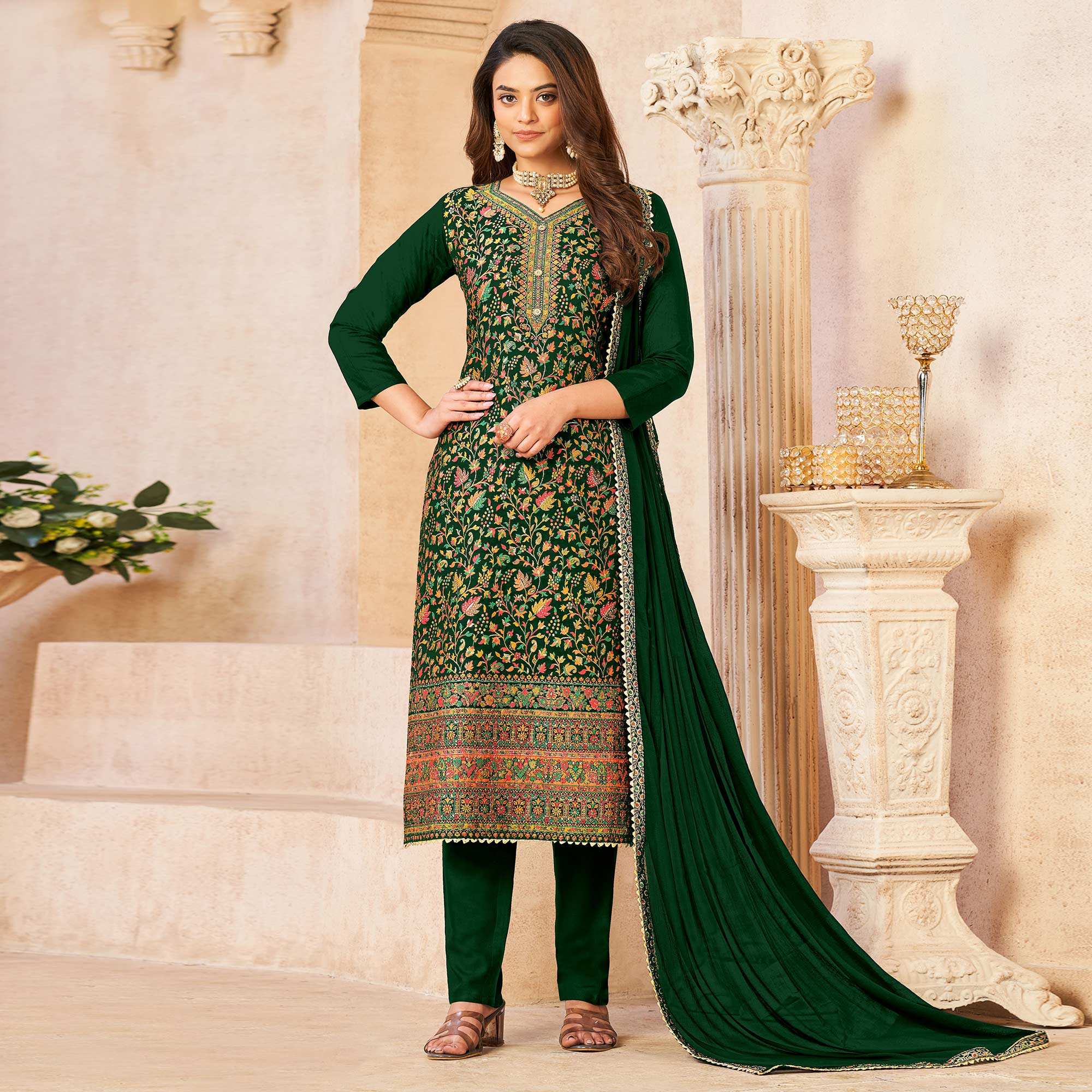 Green Woven Dola Silk Suit