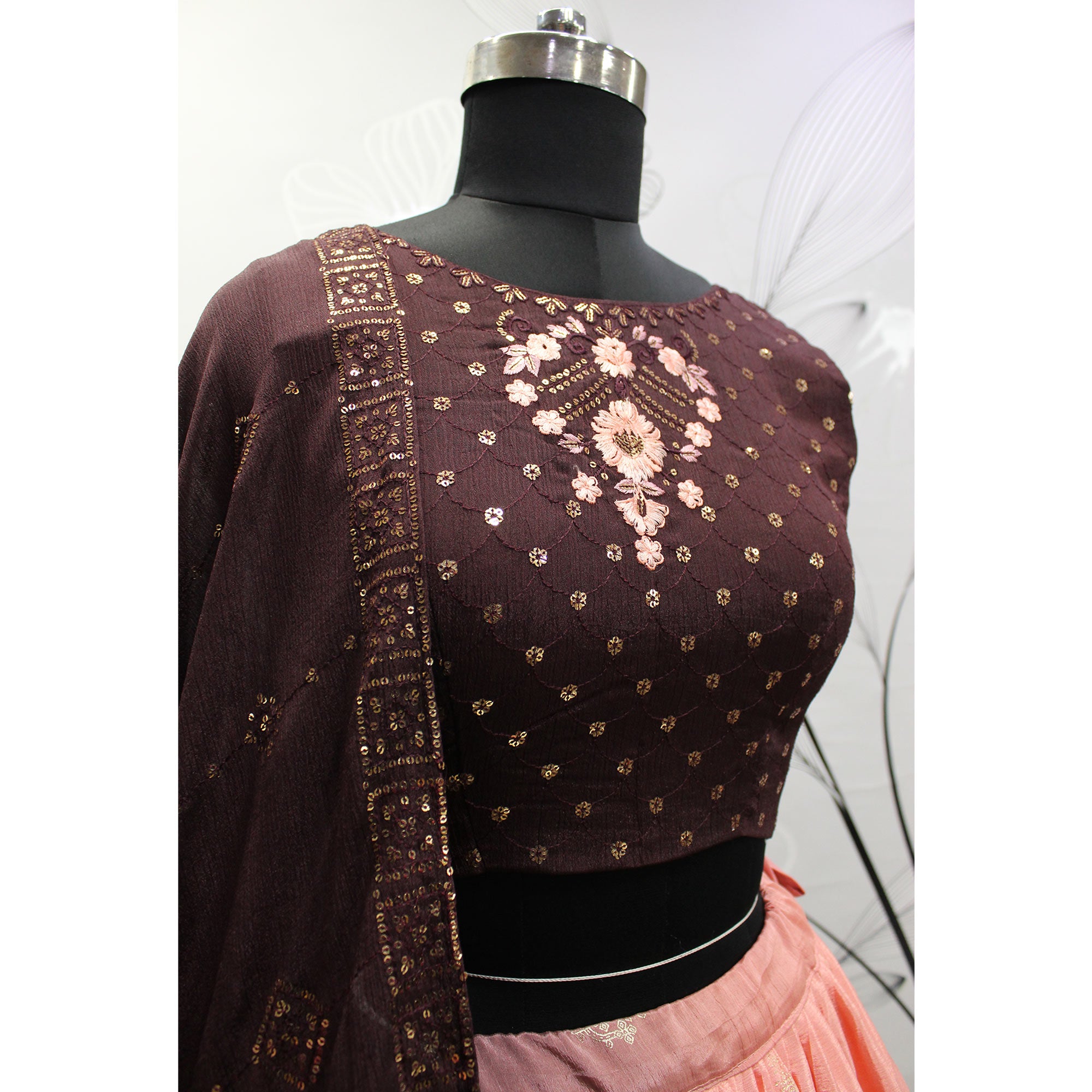 Coffee & Peach Foil Printed Chiffon Lehenga Choli