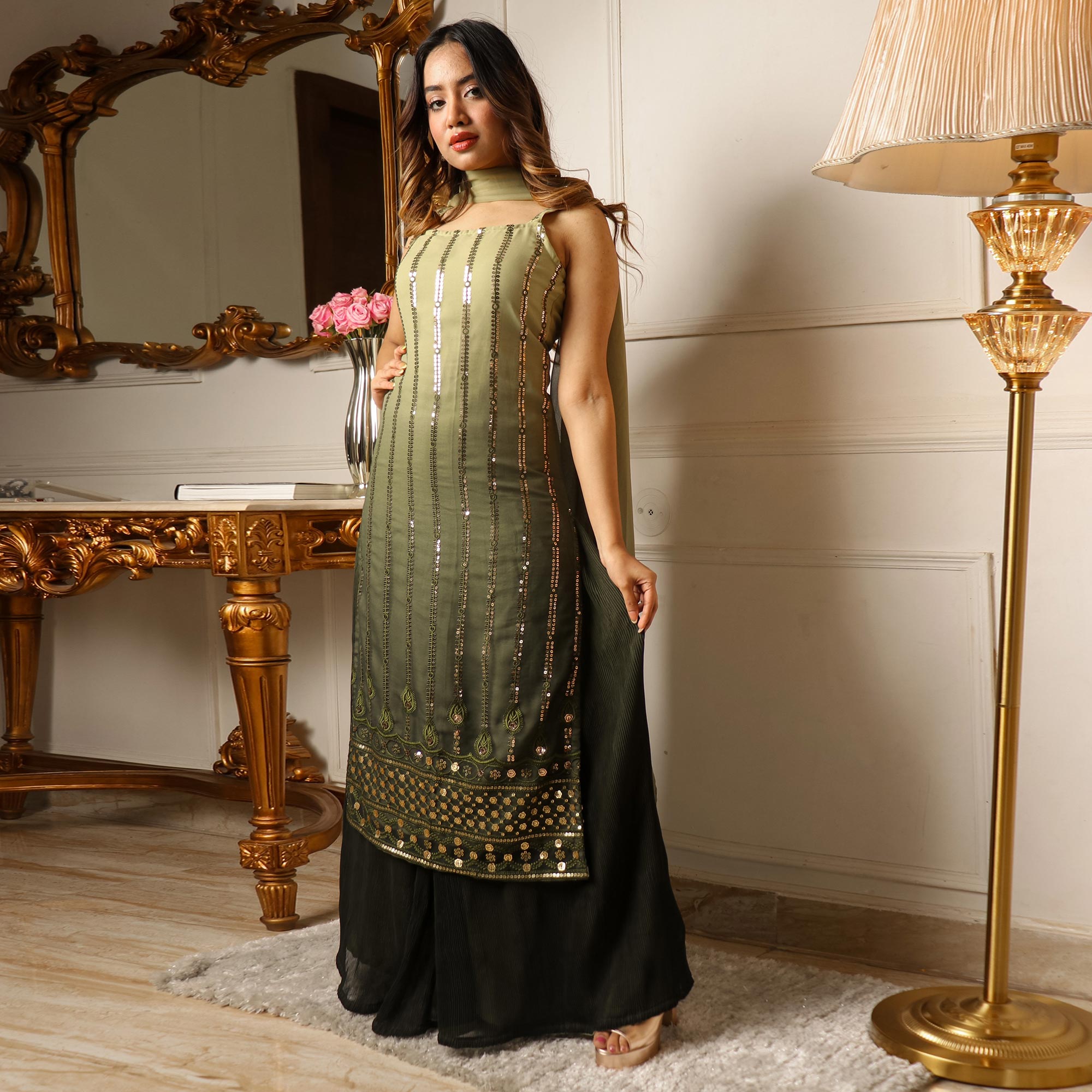 Green Sequins Embroidered Georgette Palazzo Suit