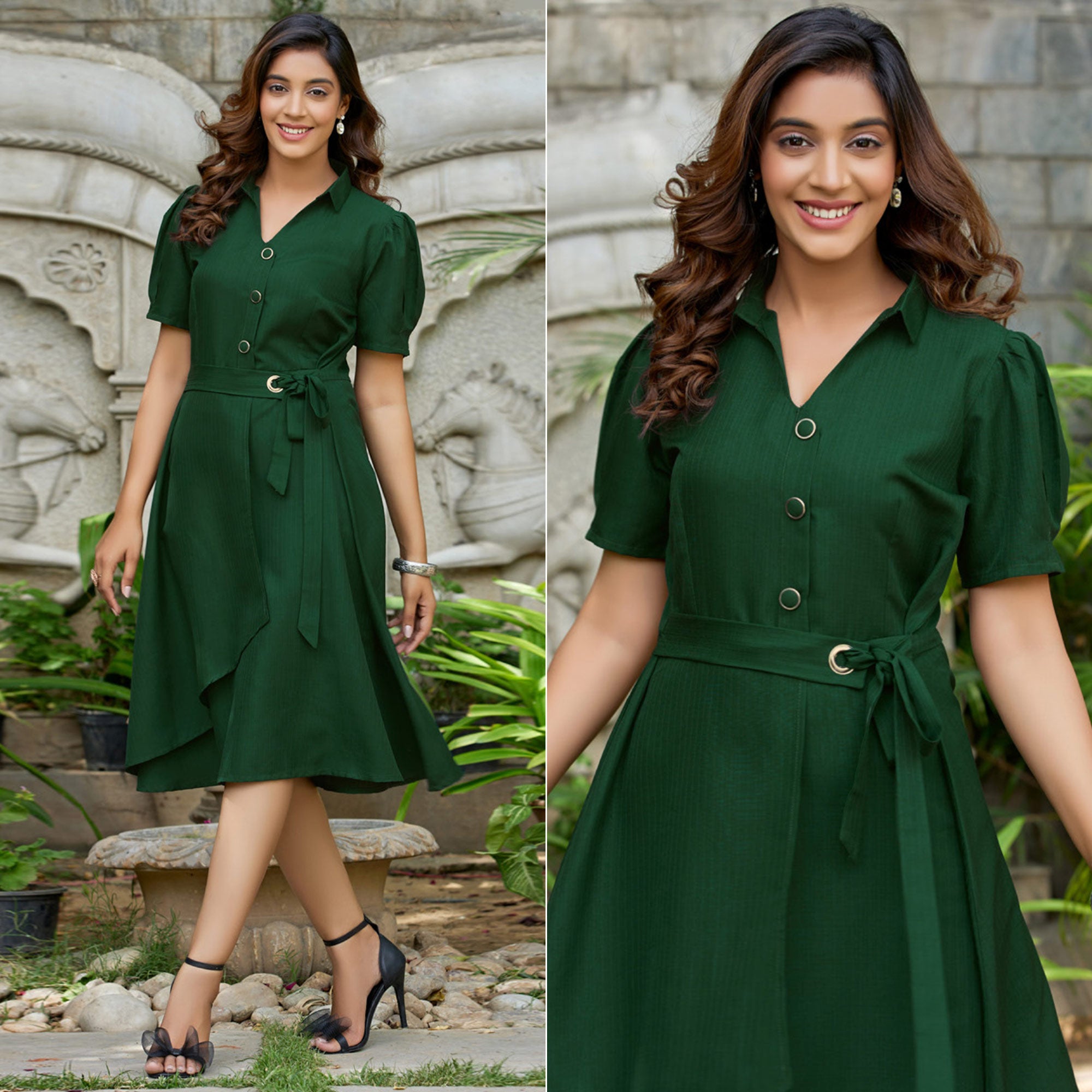 Green Solid Cotton Dress