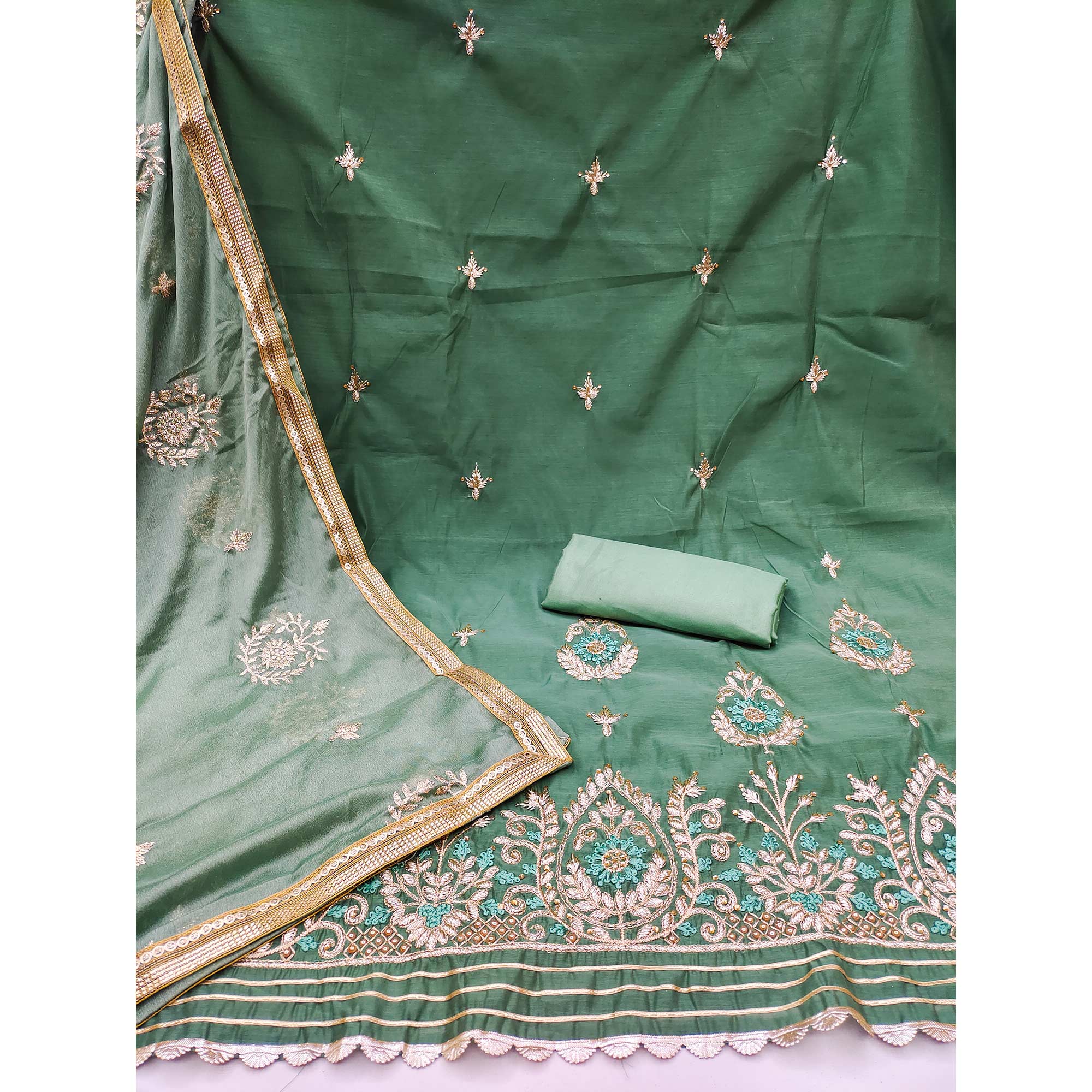 Green Floral Embroidered Modal Dress Material