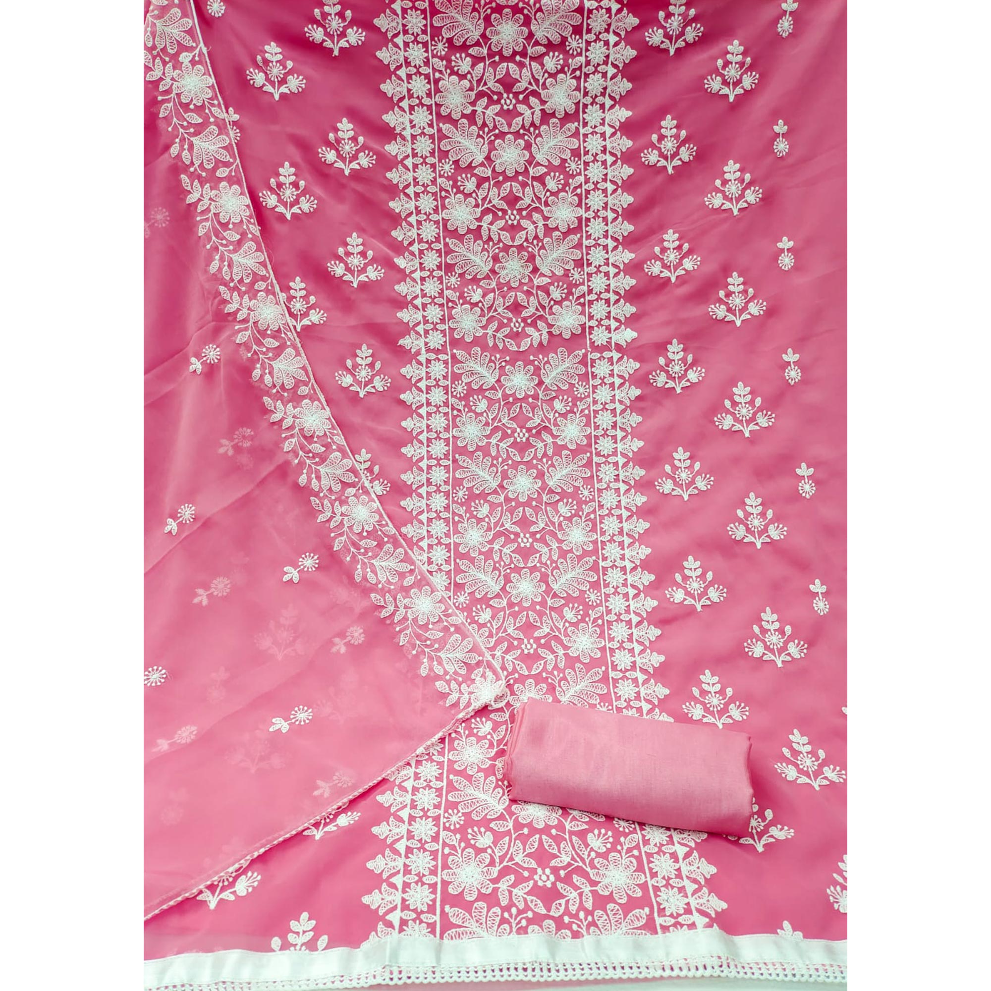 Pink Floral Embroidered Georgette Dress Material