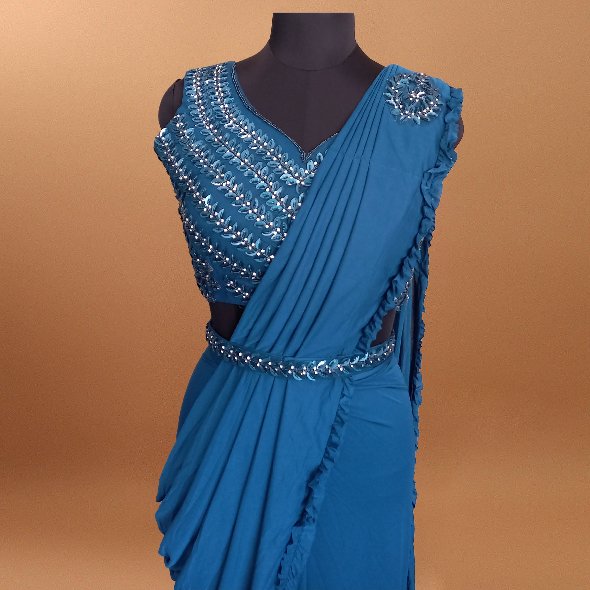 Blue Floral With Solid Ready to Wear Lycra Saree