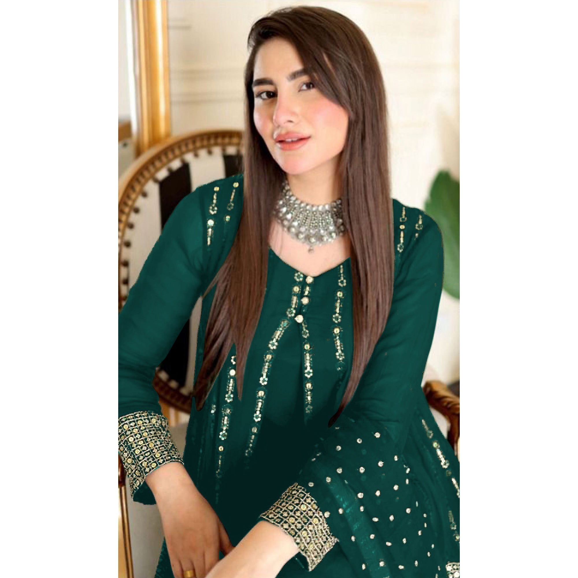 Green Sequins Embroidered Georgette Pakistani Suit