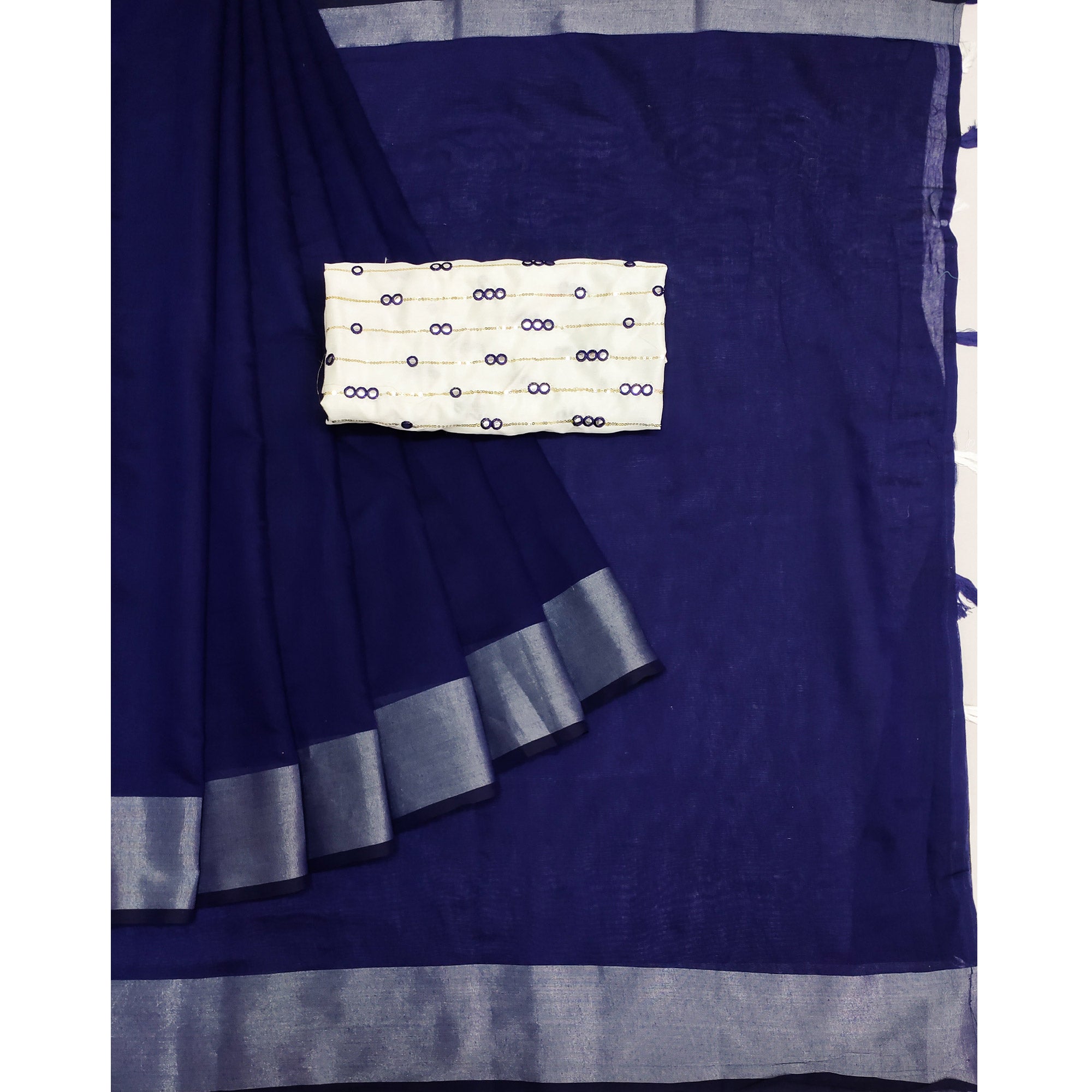 Blue Solid Chanderi Saree With Tassels