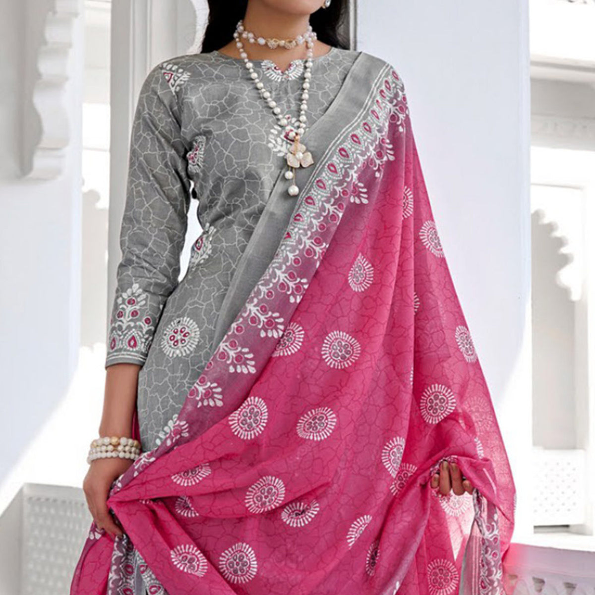 Grey Digital Printed With Mirror Work Pure Cotton Suit