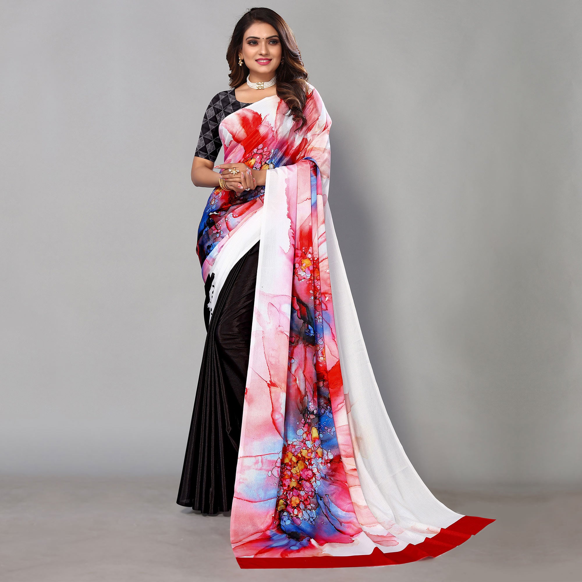 Black And White Digital Printed Chiffon Half & Half Saree