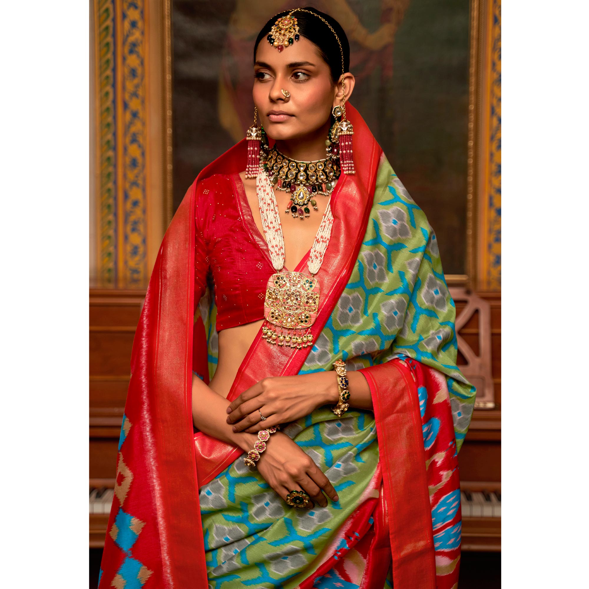 Green & Red Printed Art Silk Saree