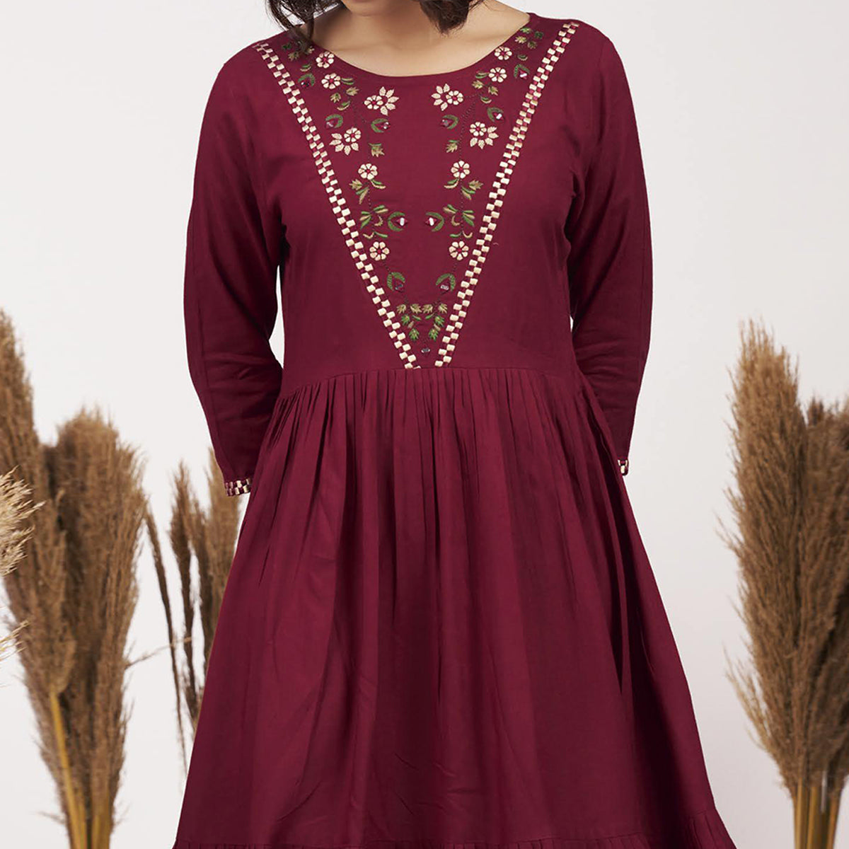 Maroon Floral Embroidered Rayon Short Dress