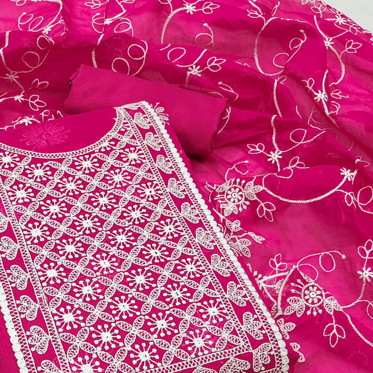 Rani Pink Floral Embroidered Chanderi Dress Material