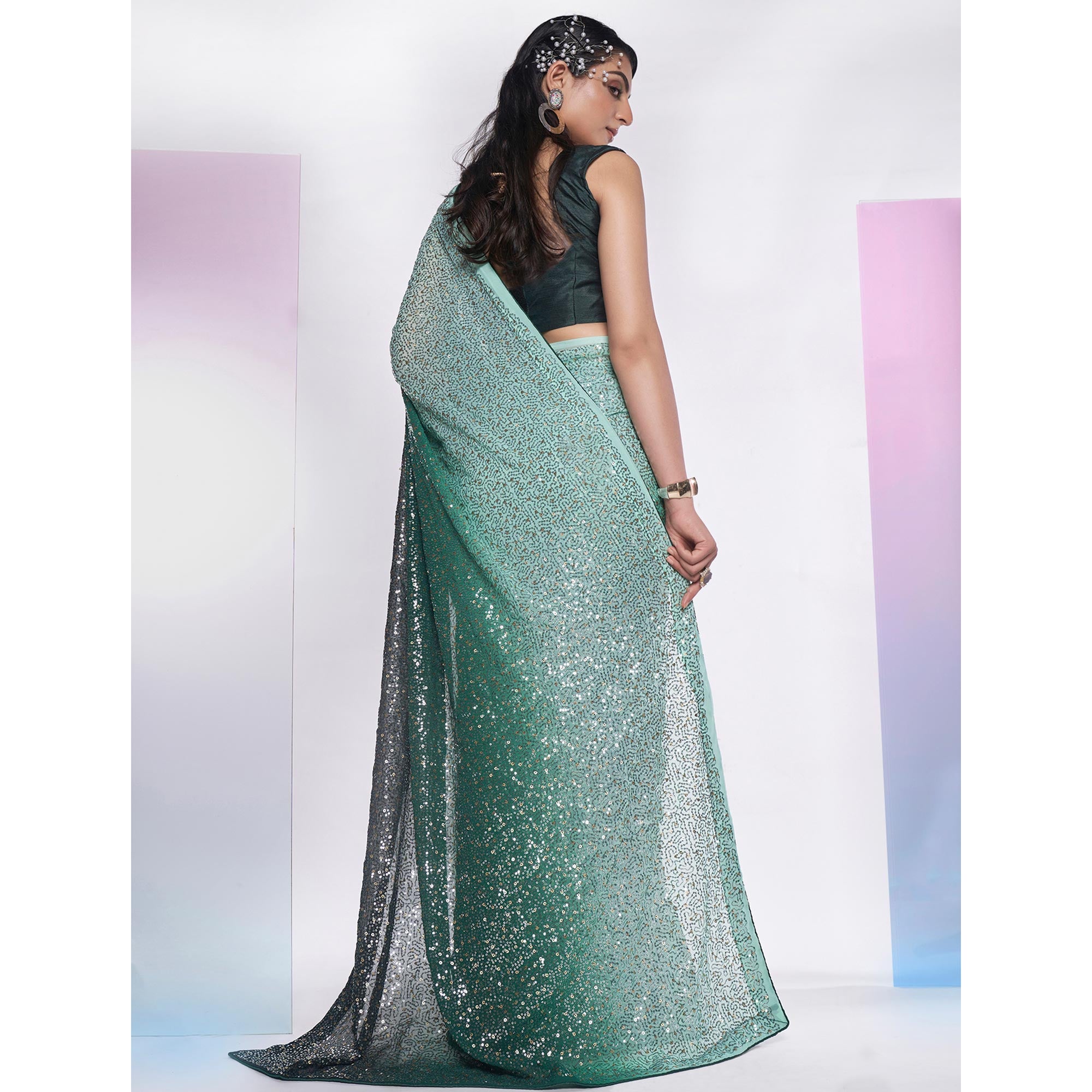 Green Sequins Embroidered Georgette Saree