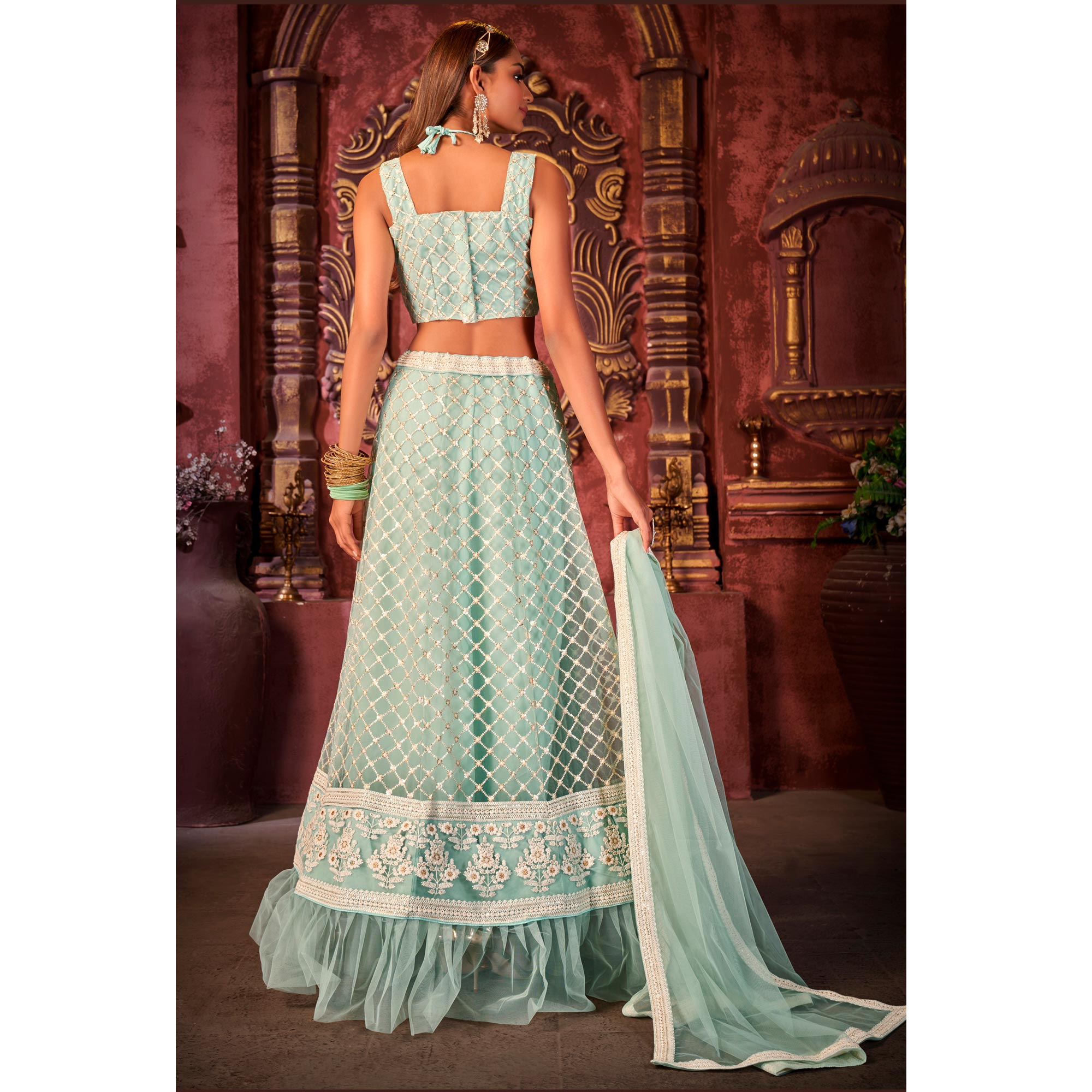 Blue Floral Sequins Embroidered Net Lehenga Choli