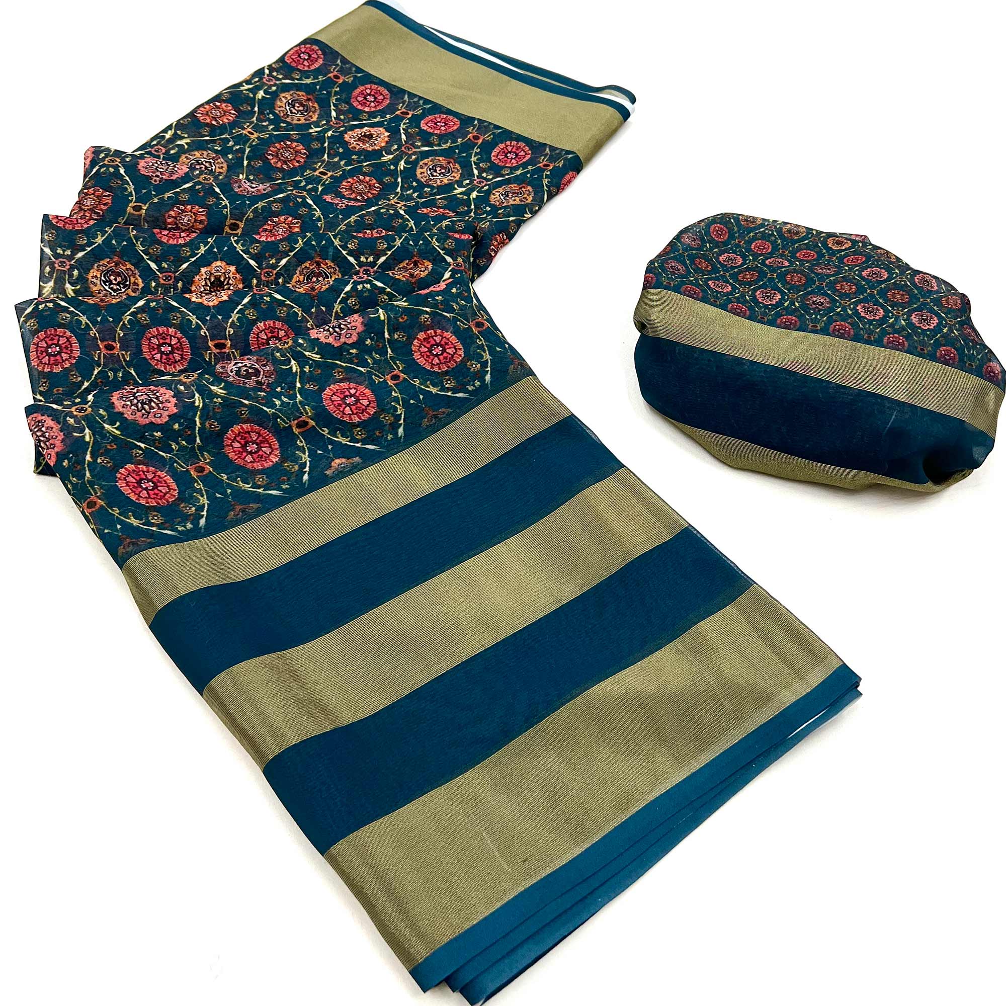 Blue Digital Floral Printed Viscose Saree