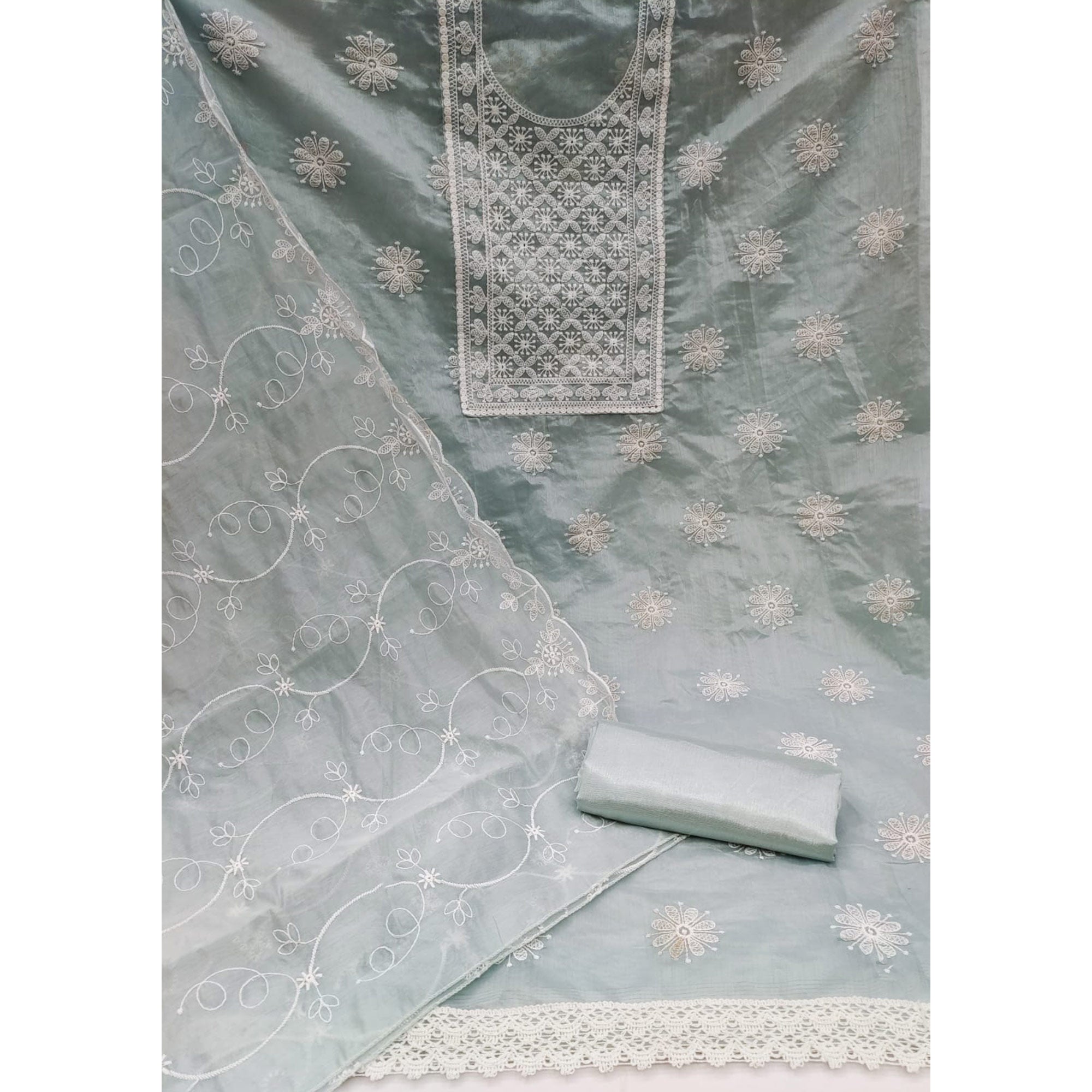 Grey Floral Embroidered Chanderi Dress Material