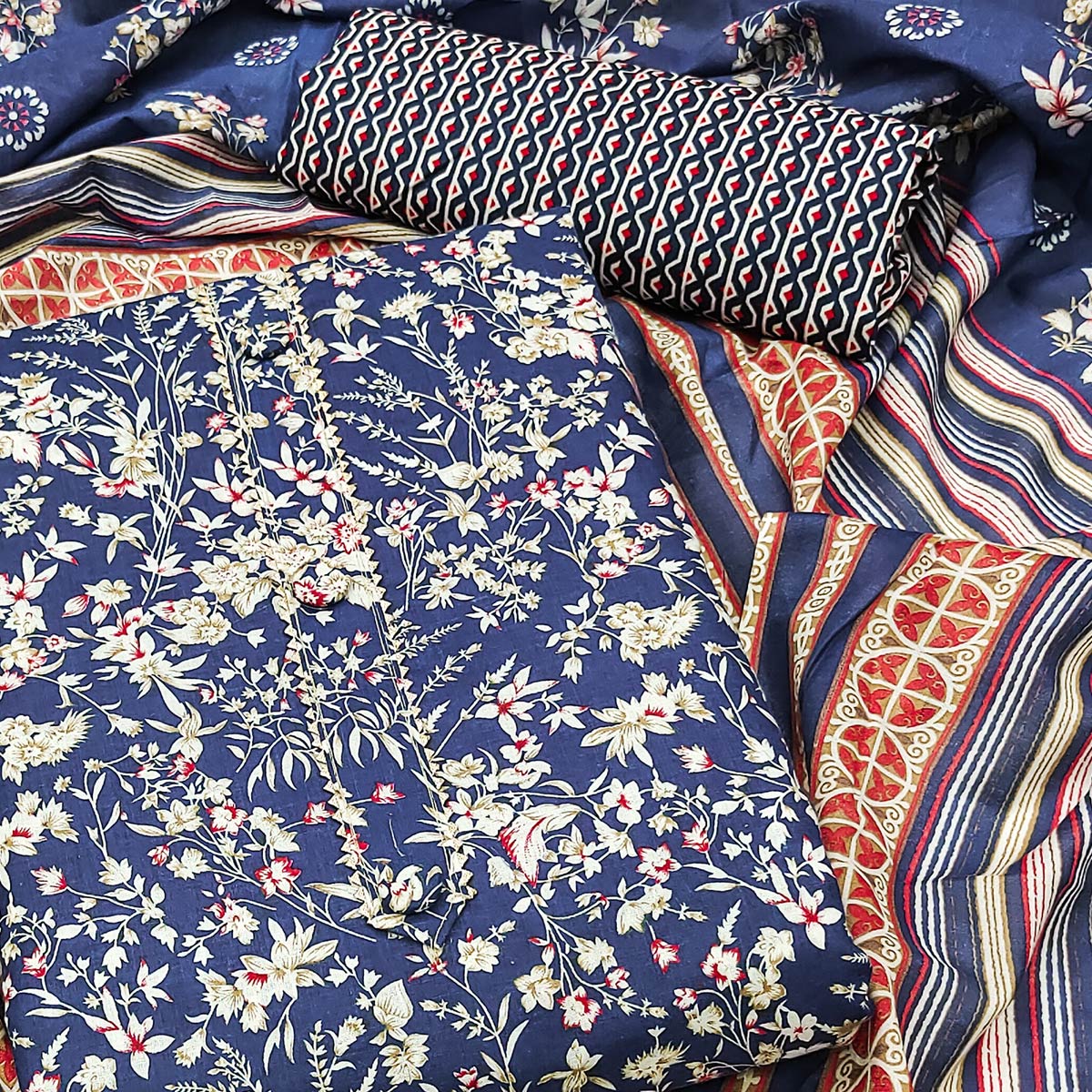 Blue Floral Printed Cotton Blend Dress Material