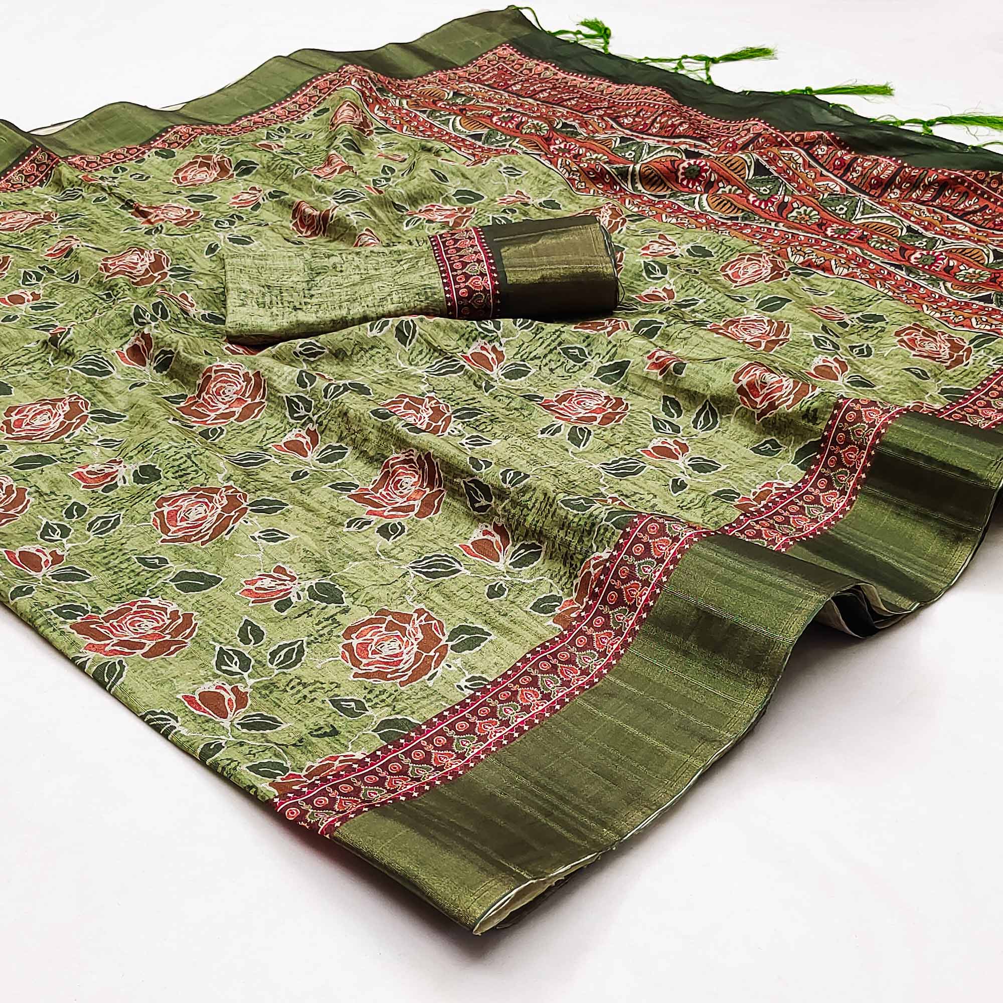 Green Floral Printed Matka Tussar Saree With Tassels