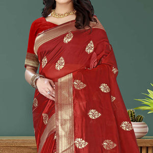 Red Woven Art Silk Saree With Tassels