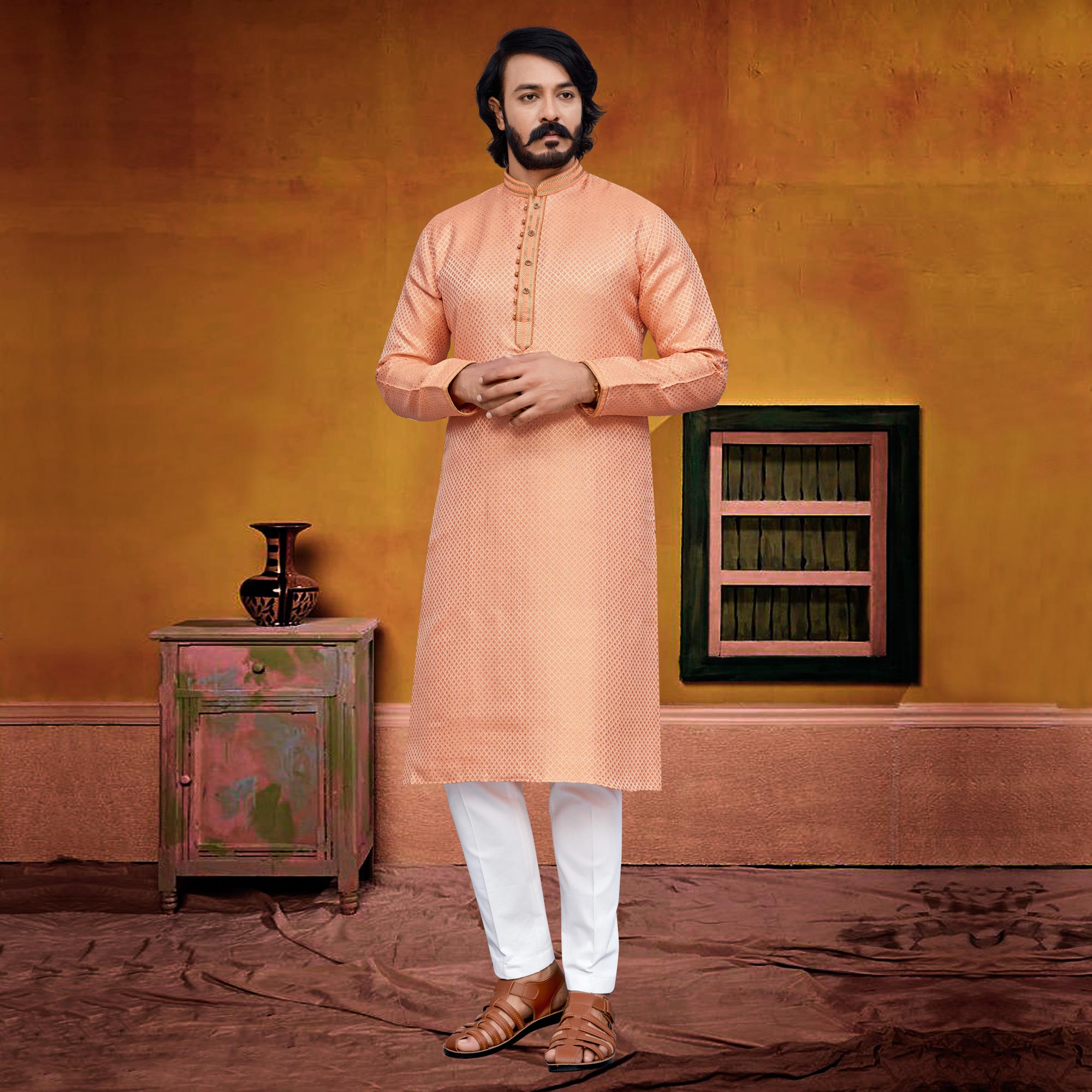 Peach Woven Jacquard Kurta Pyjama Set