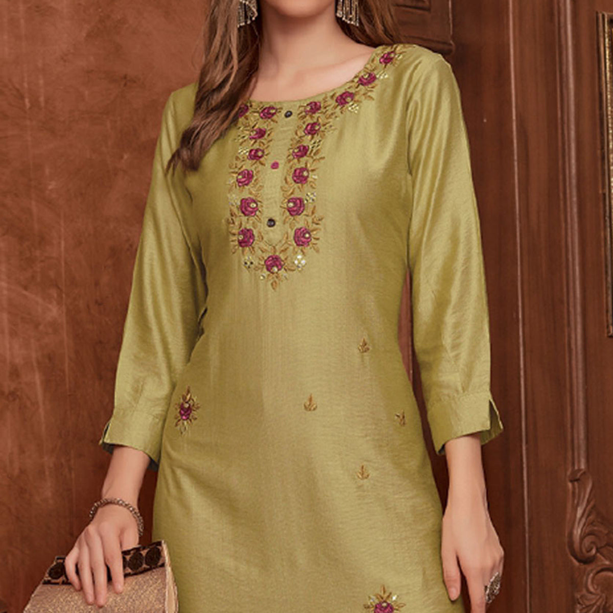 Mehendi Green Floral Embroidered Rayon Kurti