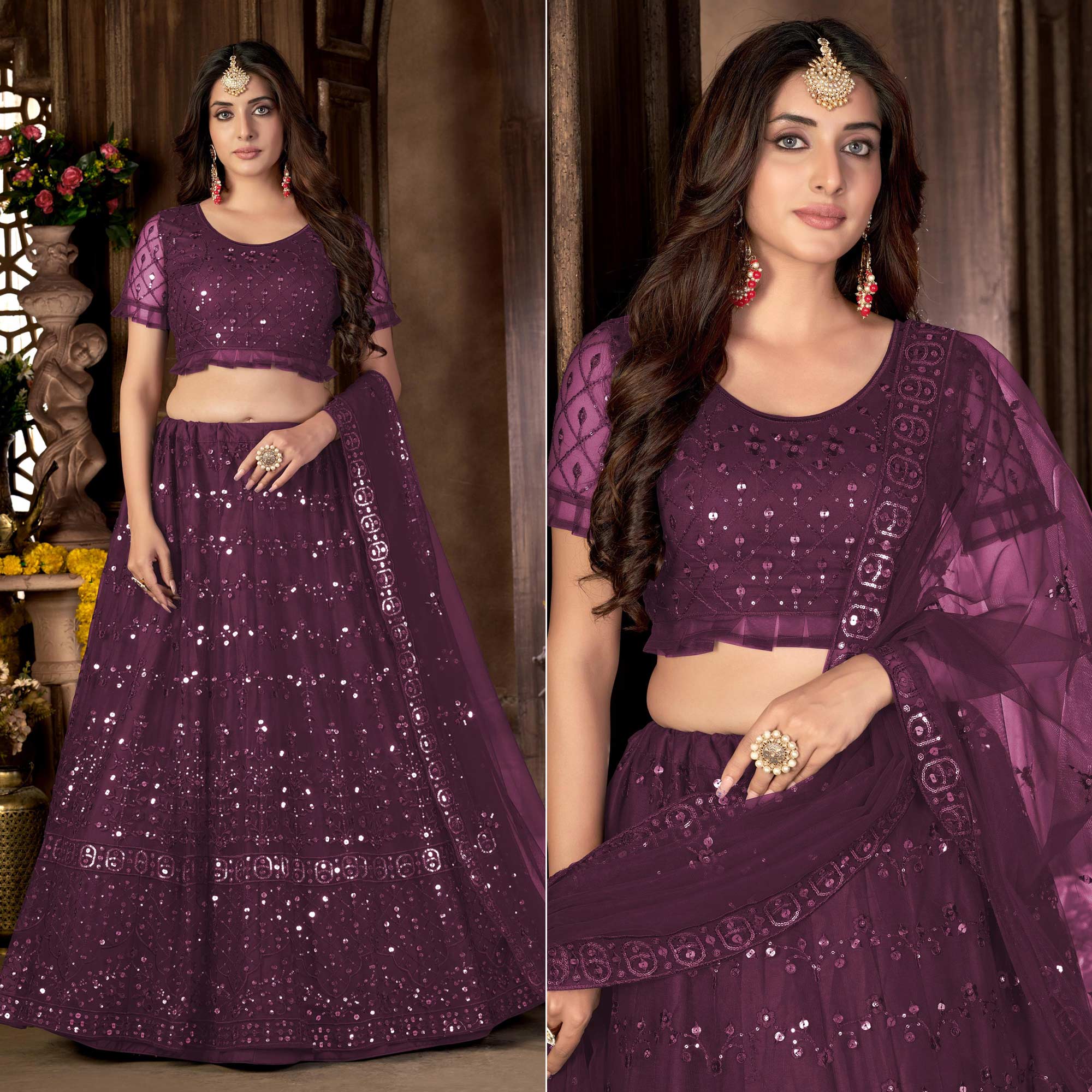 Wine Sequins Embroidered Netted Lehenga Choli