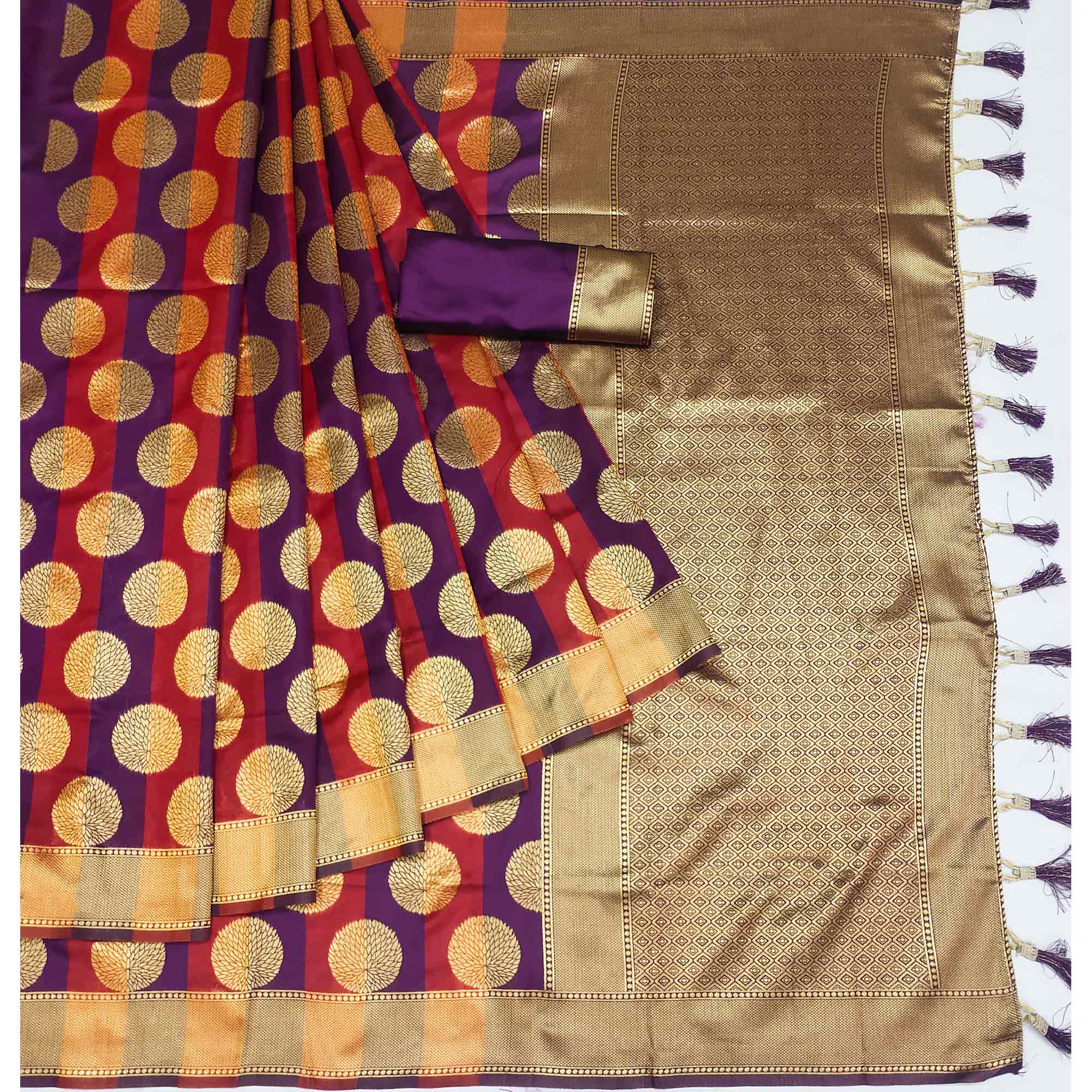 Purple And Maroon Woven Jacquard Saree With Tassels