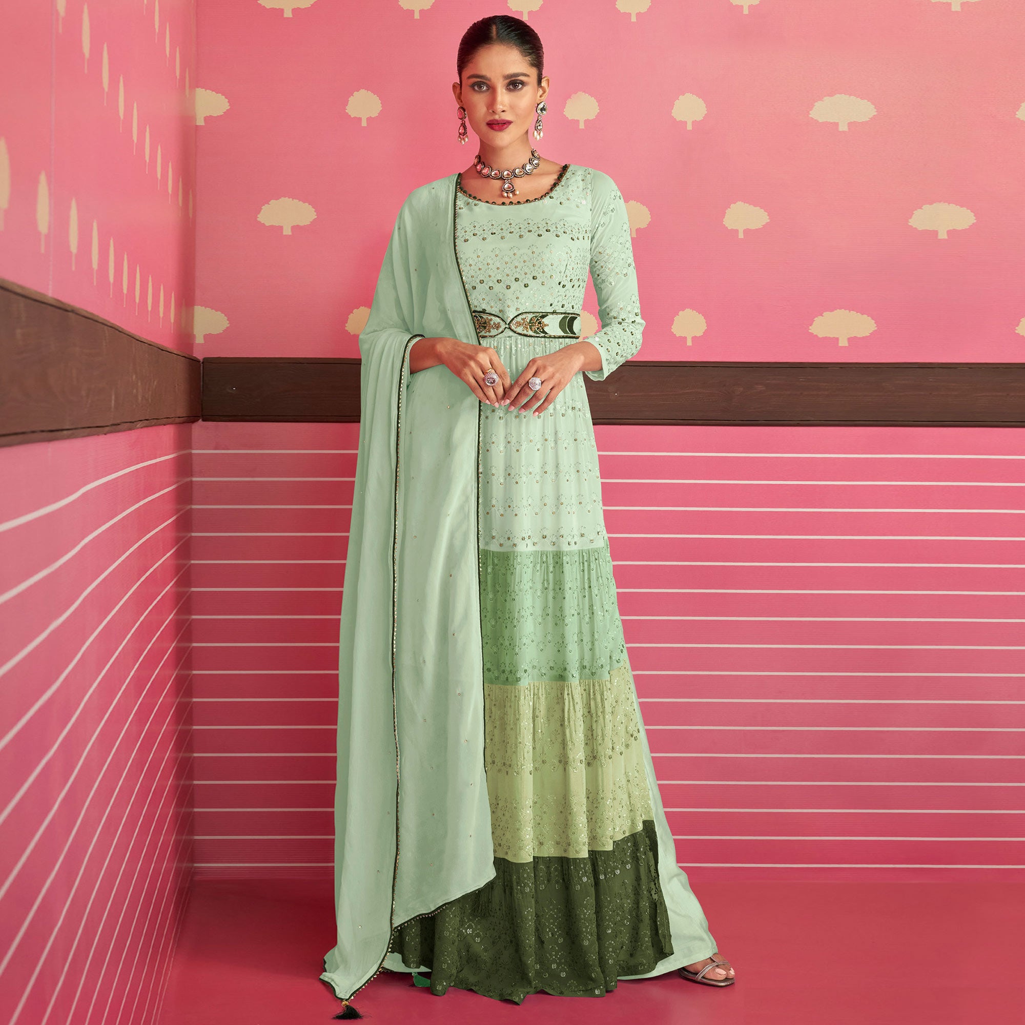 Pista Green Sequins Embroidered Georgette Naira Cut Suit