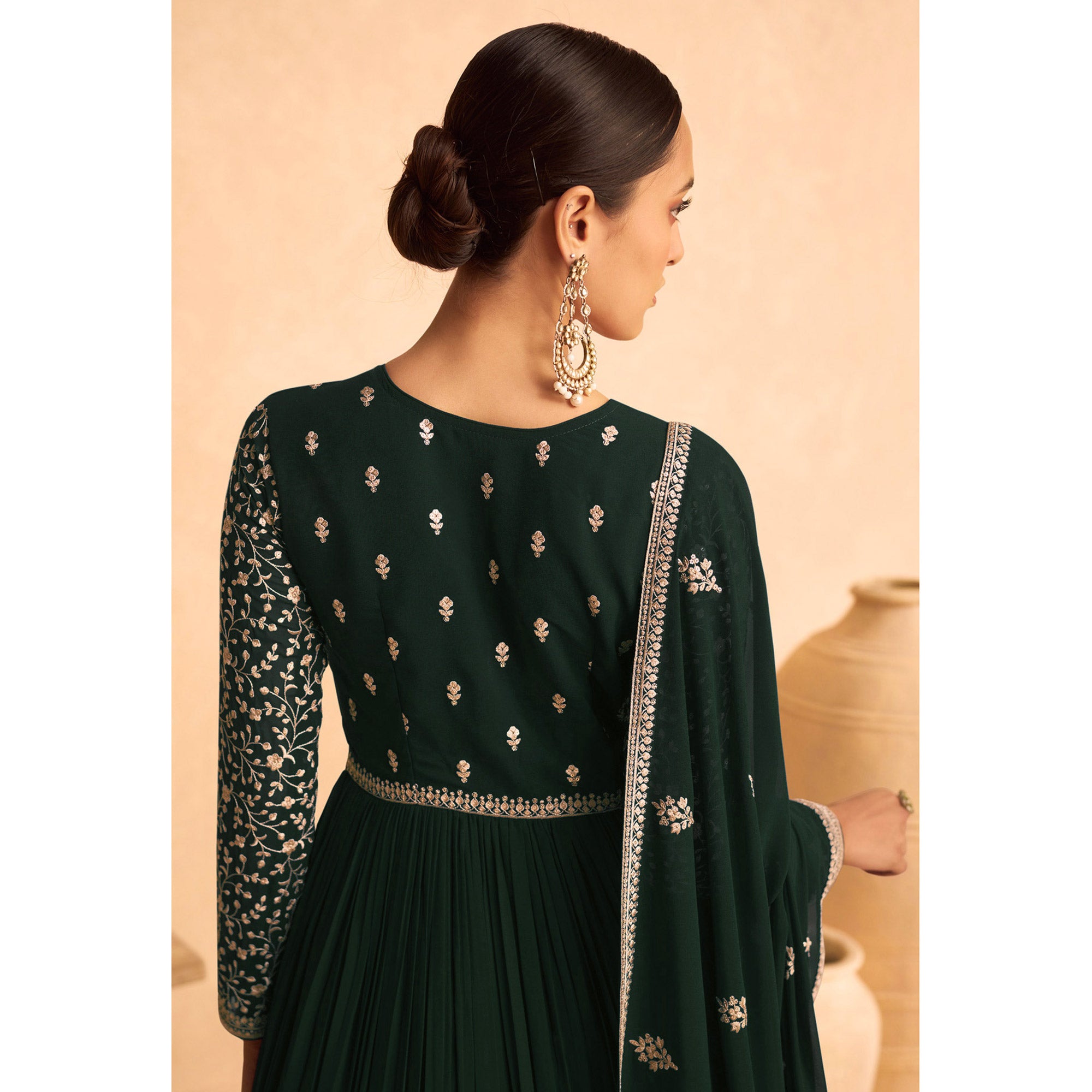 Dark Green Floral Sequins Embroidered Georgette Semi Stitched Anarkali Suit