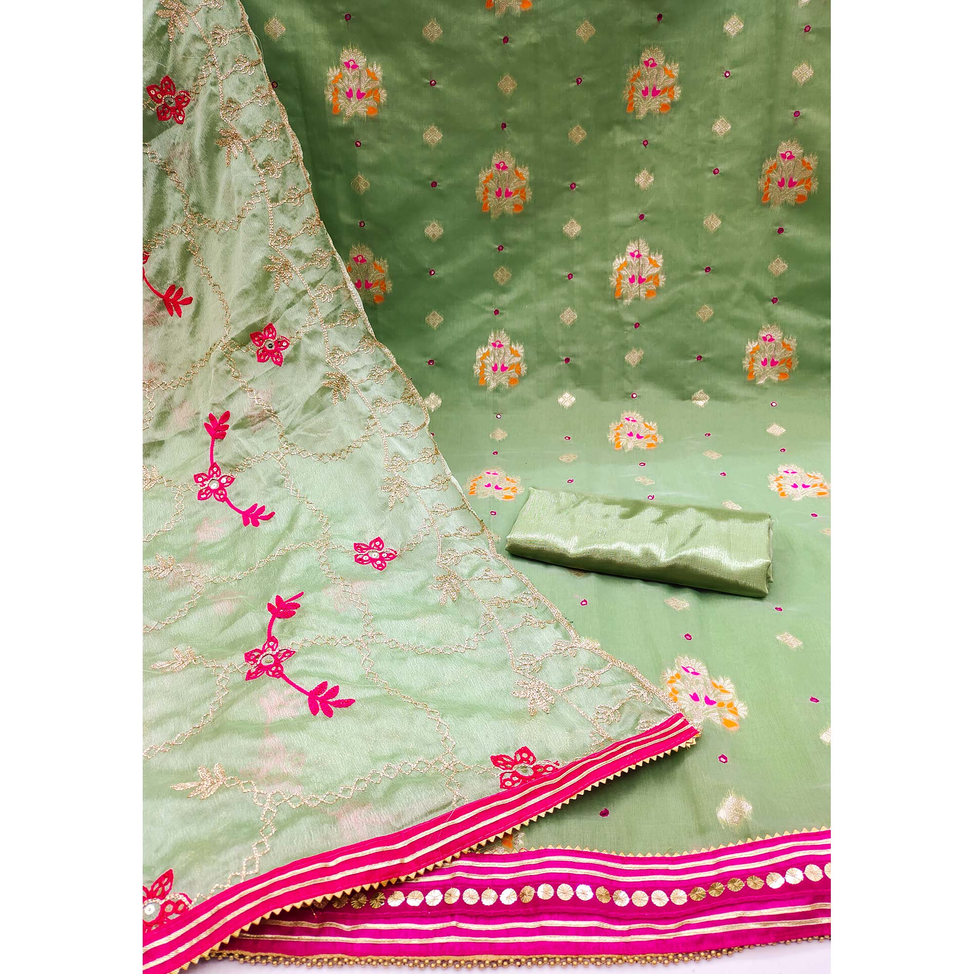 Green Floral Woven Banarasi Silk Dress Material