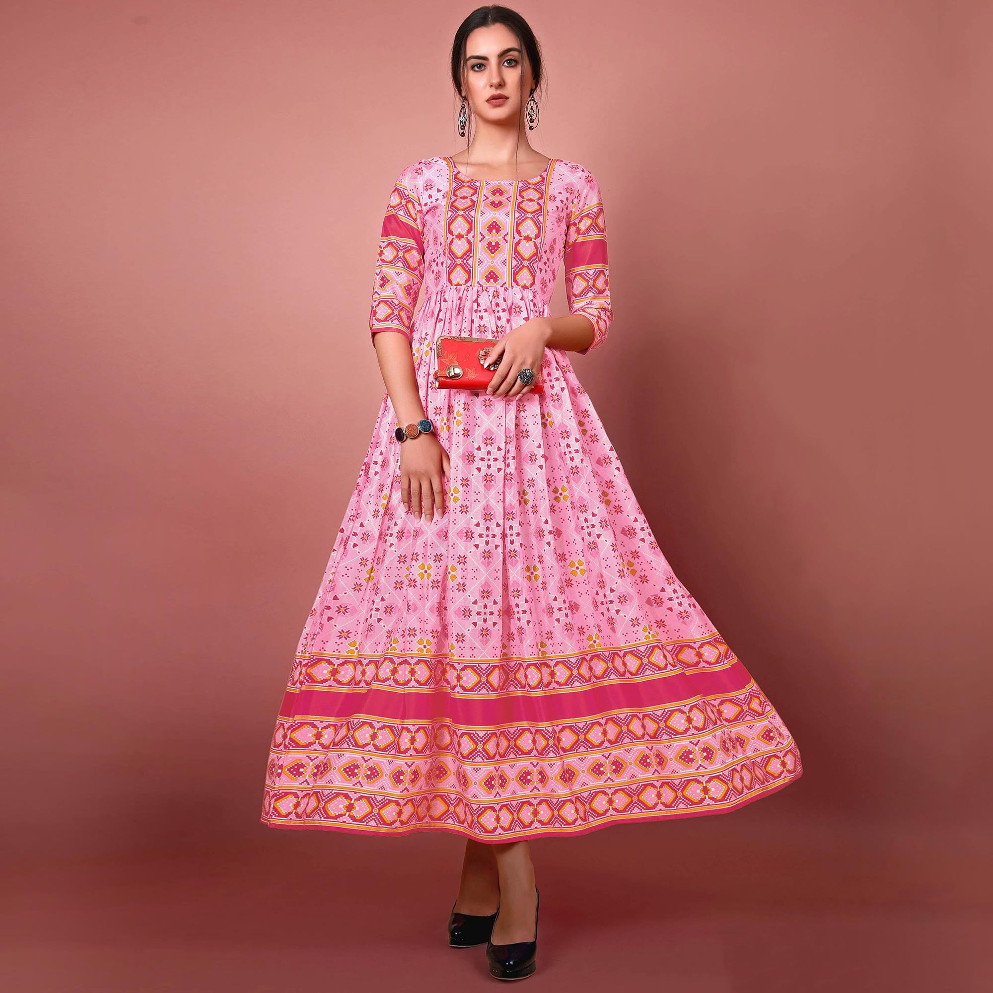 Pink Digital Printed Chiffon Long Kurti