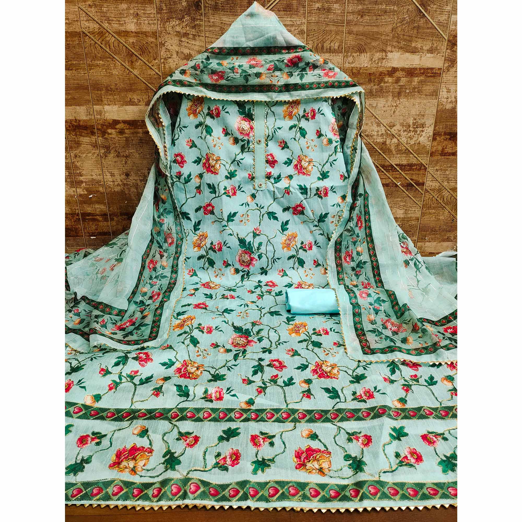 Blue Floral Printed Banglori Silk Dress Material