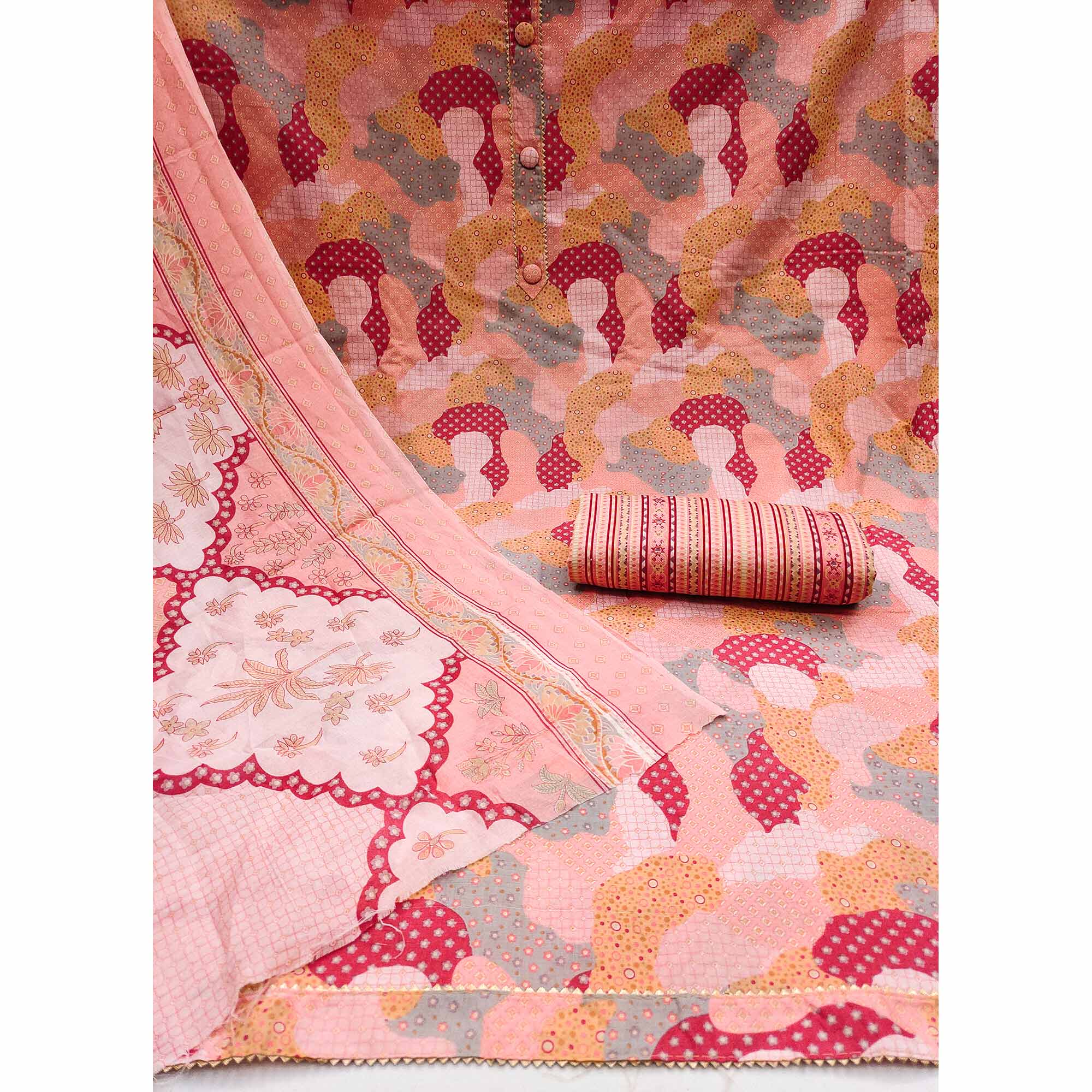 Peach Printed Cotton Blend Dress Material