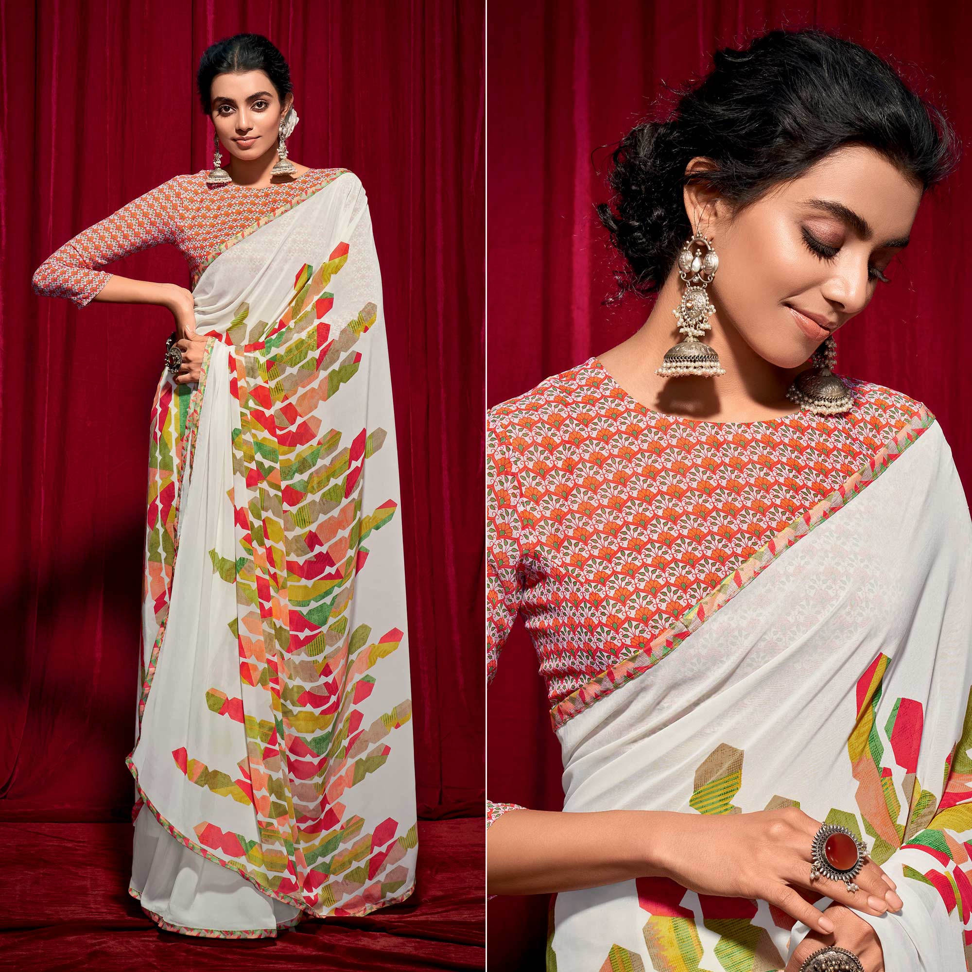 White Printed Georgette Saree