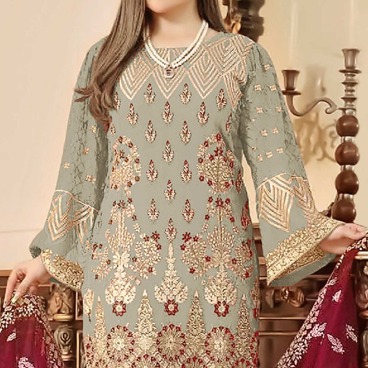Grey Sequins Embroidered Georgette Pakistani Suit