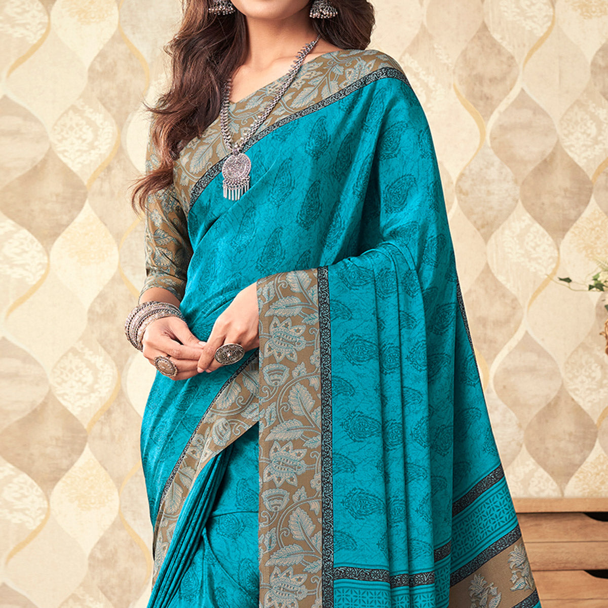 Blue Printed Crepe Saree