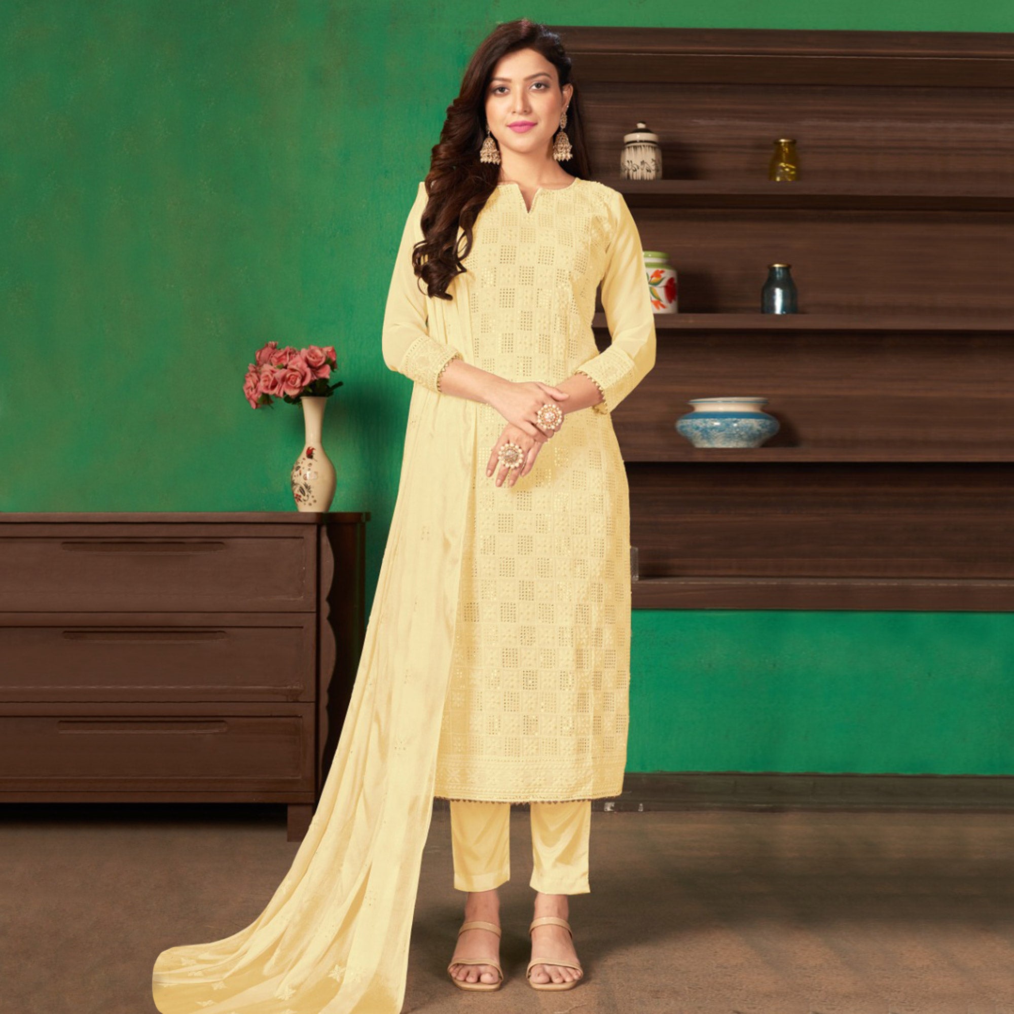 Yellow Sequins Embroidered Georgette Suit