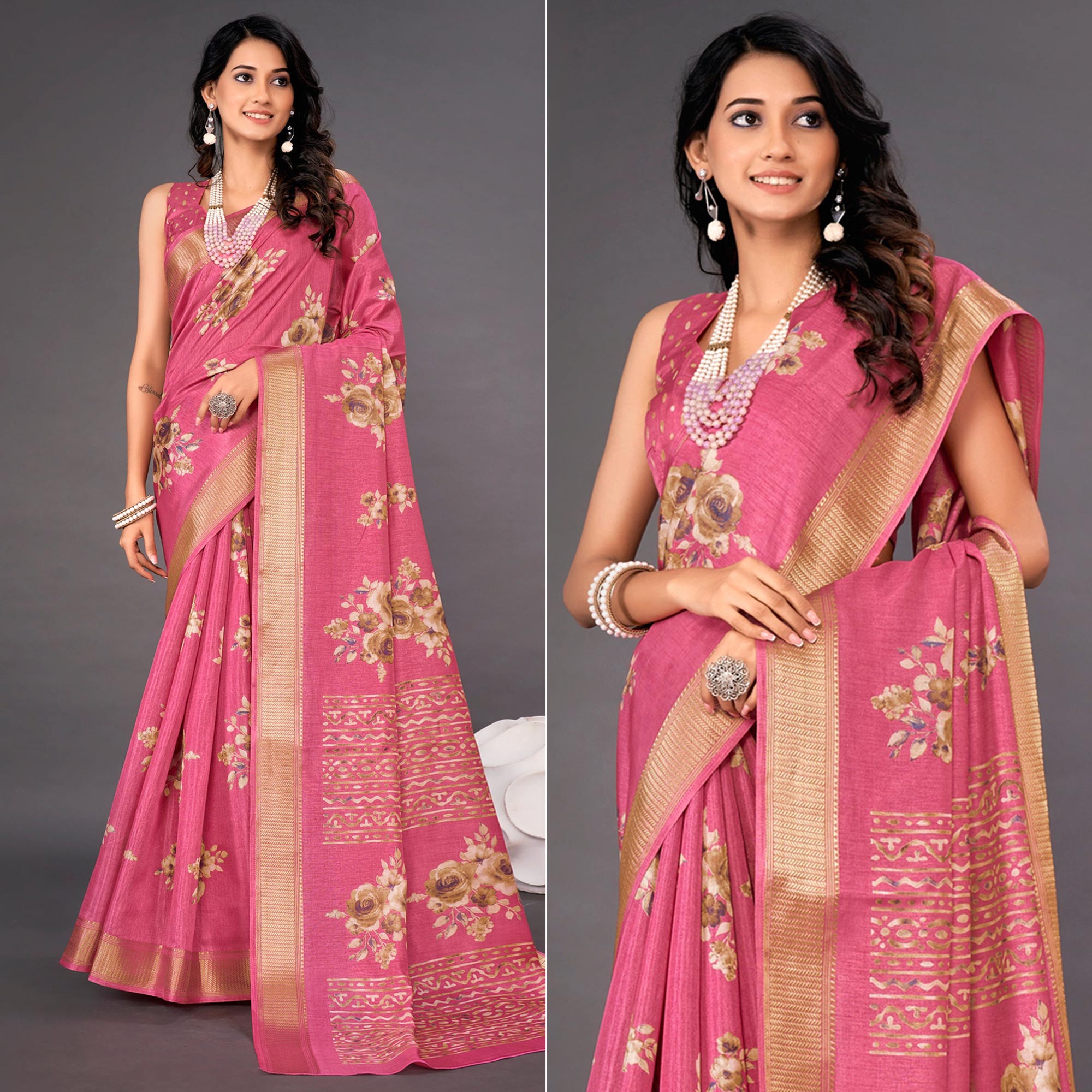 Pink Floral Printed Dola Silk Saree
