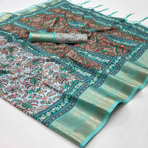 Blue Floral Digital Printed Pure Cotton Saree