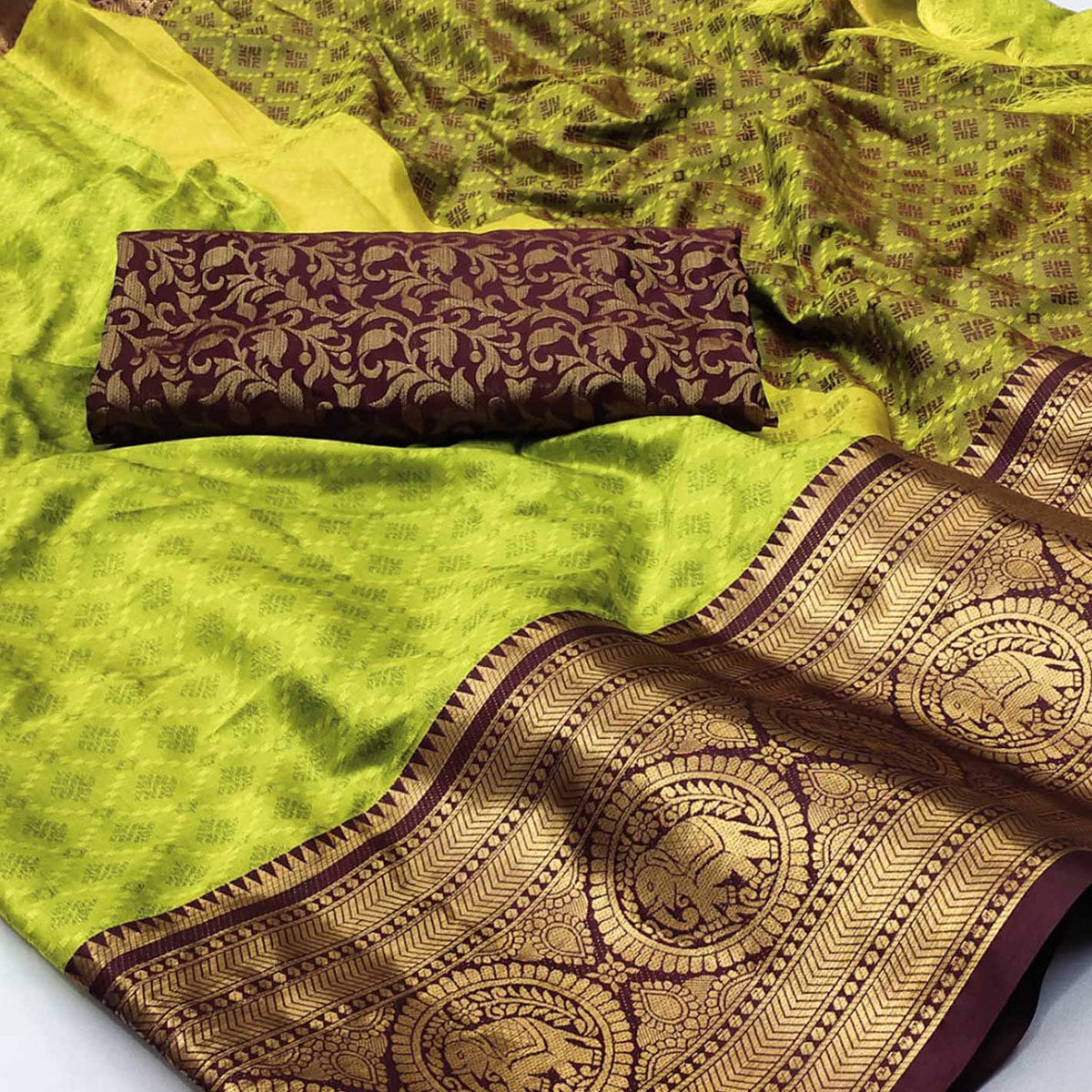 Green Woven Cotton Silk Saree With Tassels