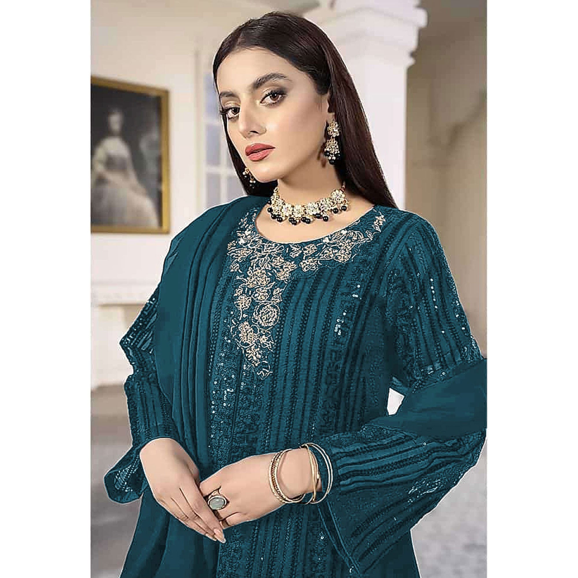Teal Blue Sequins Embroidered Georgette Pakistani Suit