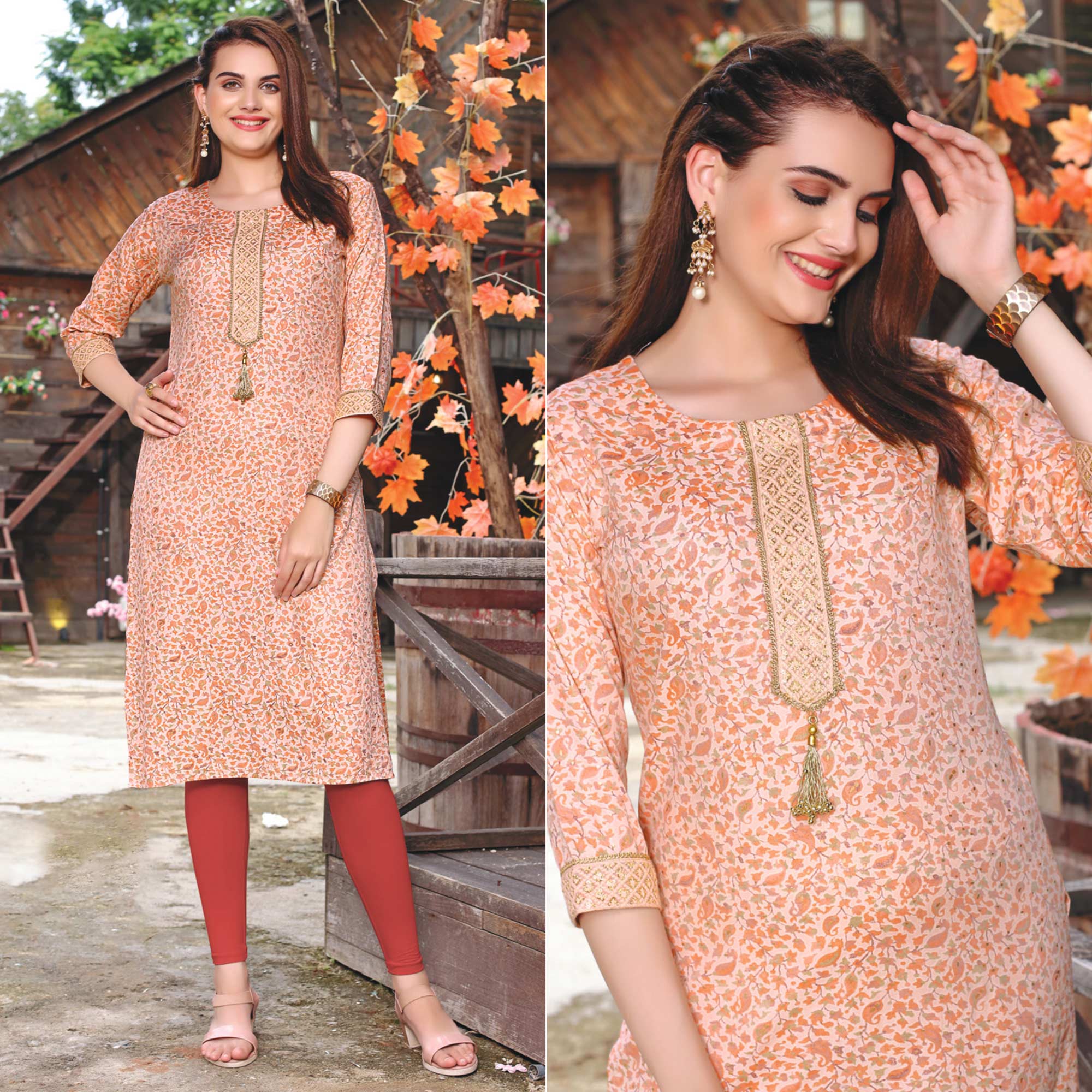 Peach Printed Muslin Kurti