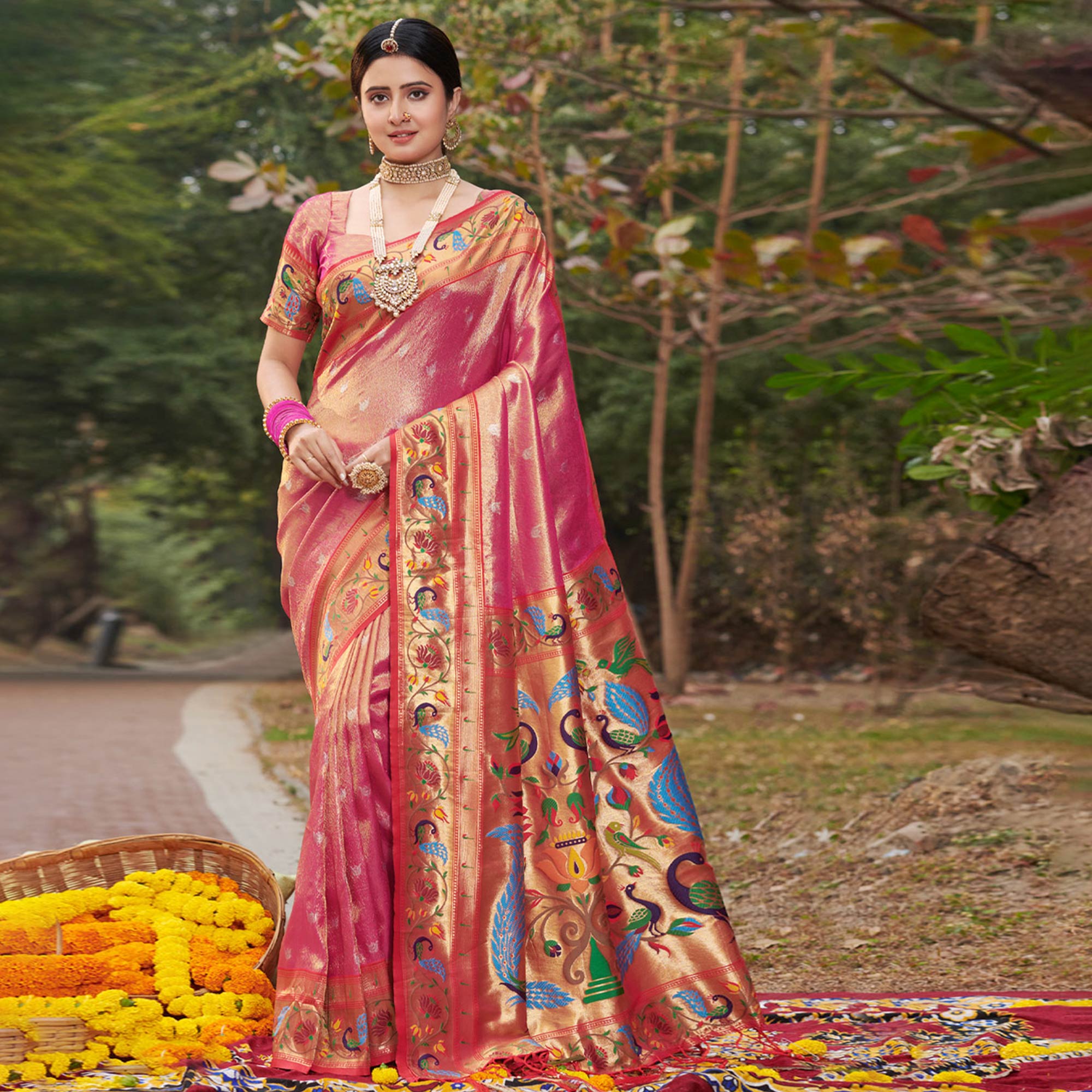 Pink Woven Art Silk Paithani Saree With Tassels