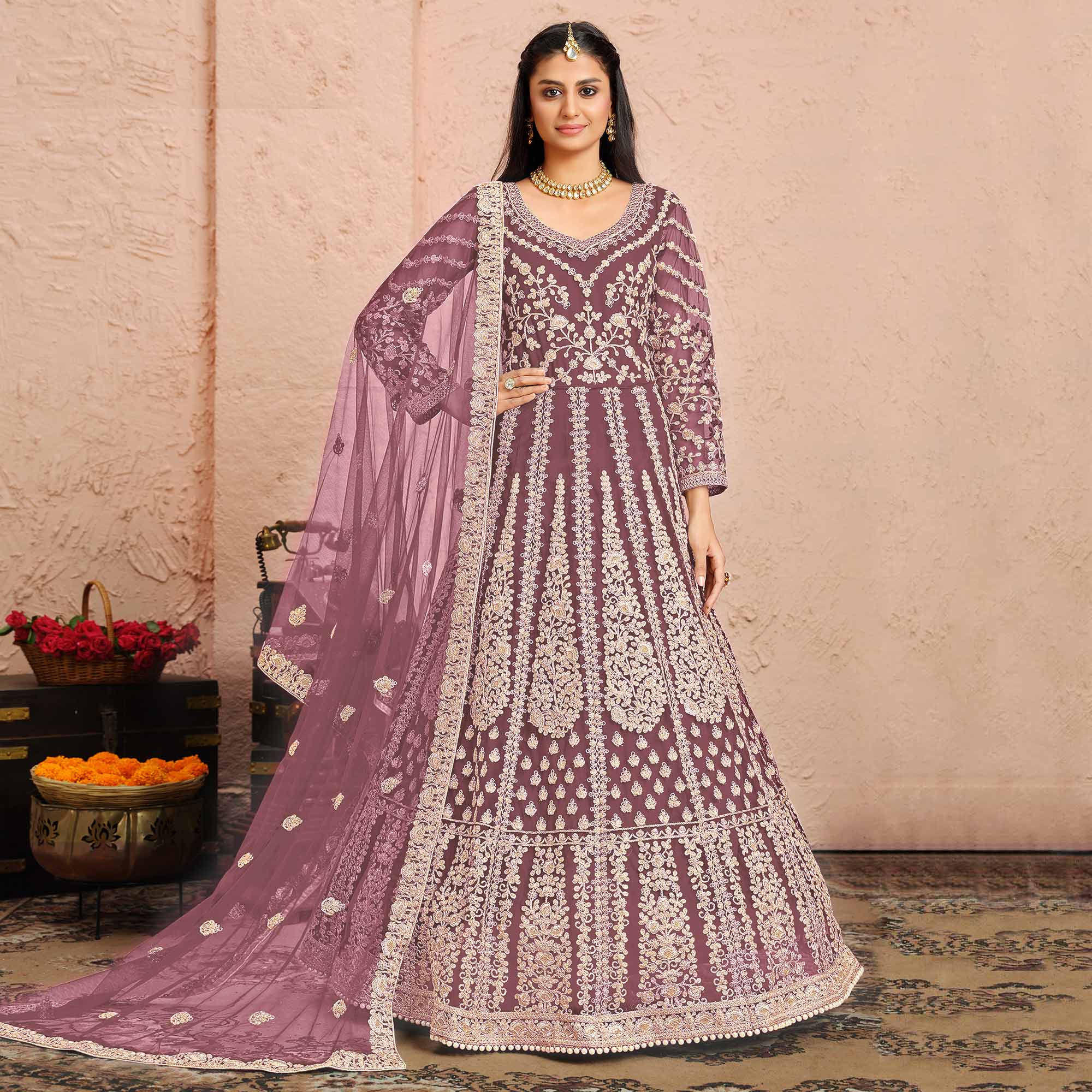 Dusty Pink Floral Embroidered Net Gown