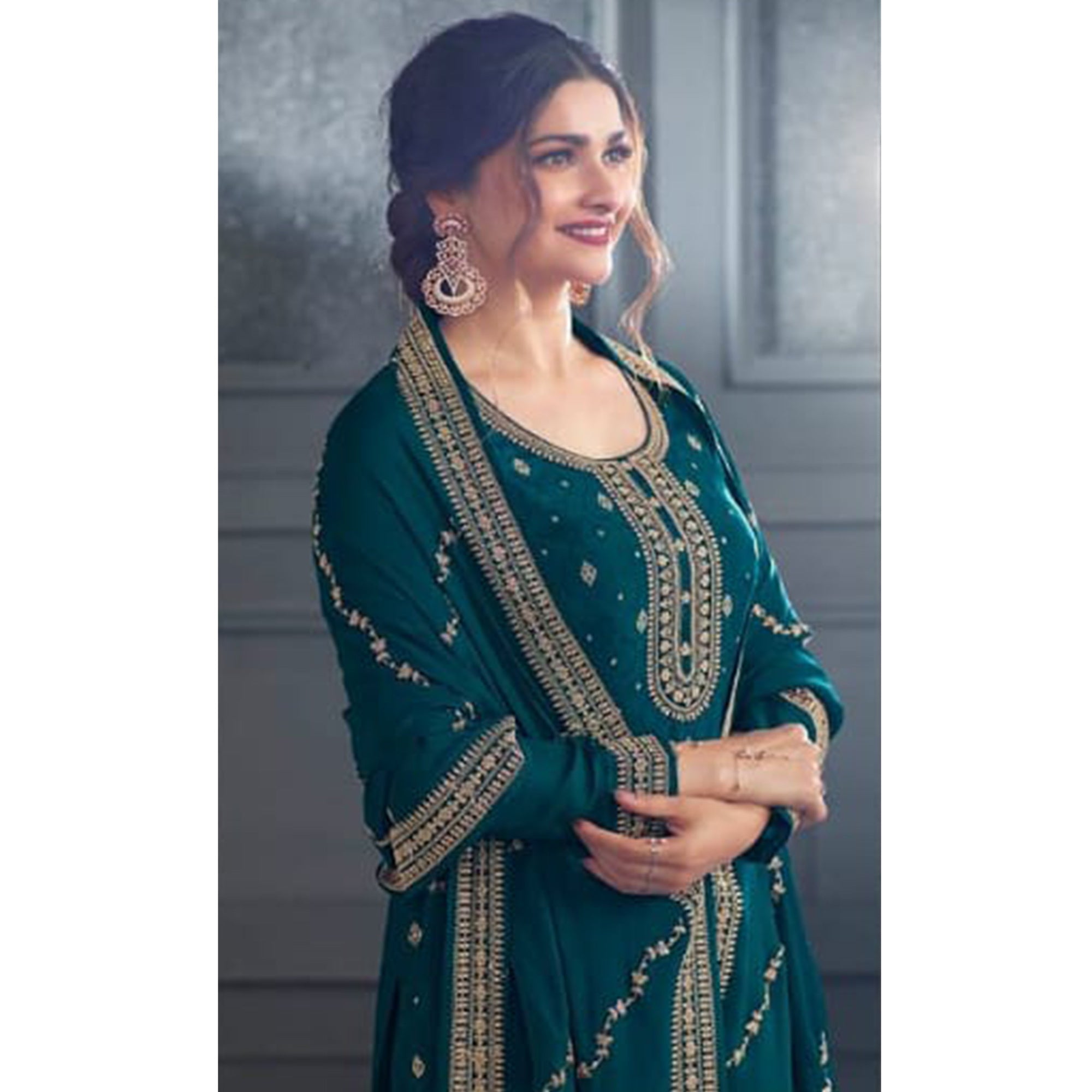 Teal Blue Woven With Sequins Embroidered Dola Silk Palazzo Suit