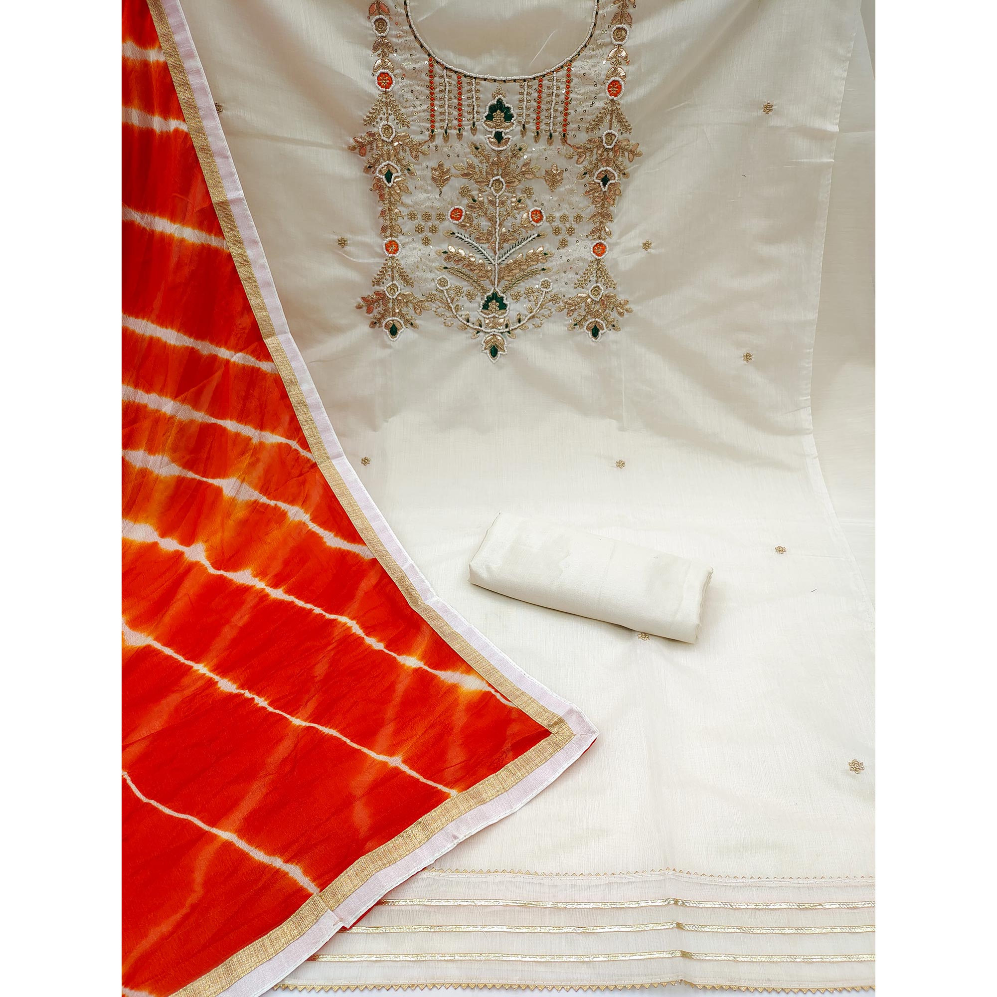 Offwhite Embroidered Chanderi Dress Material