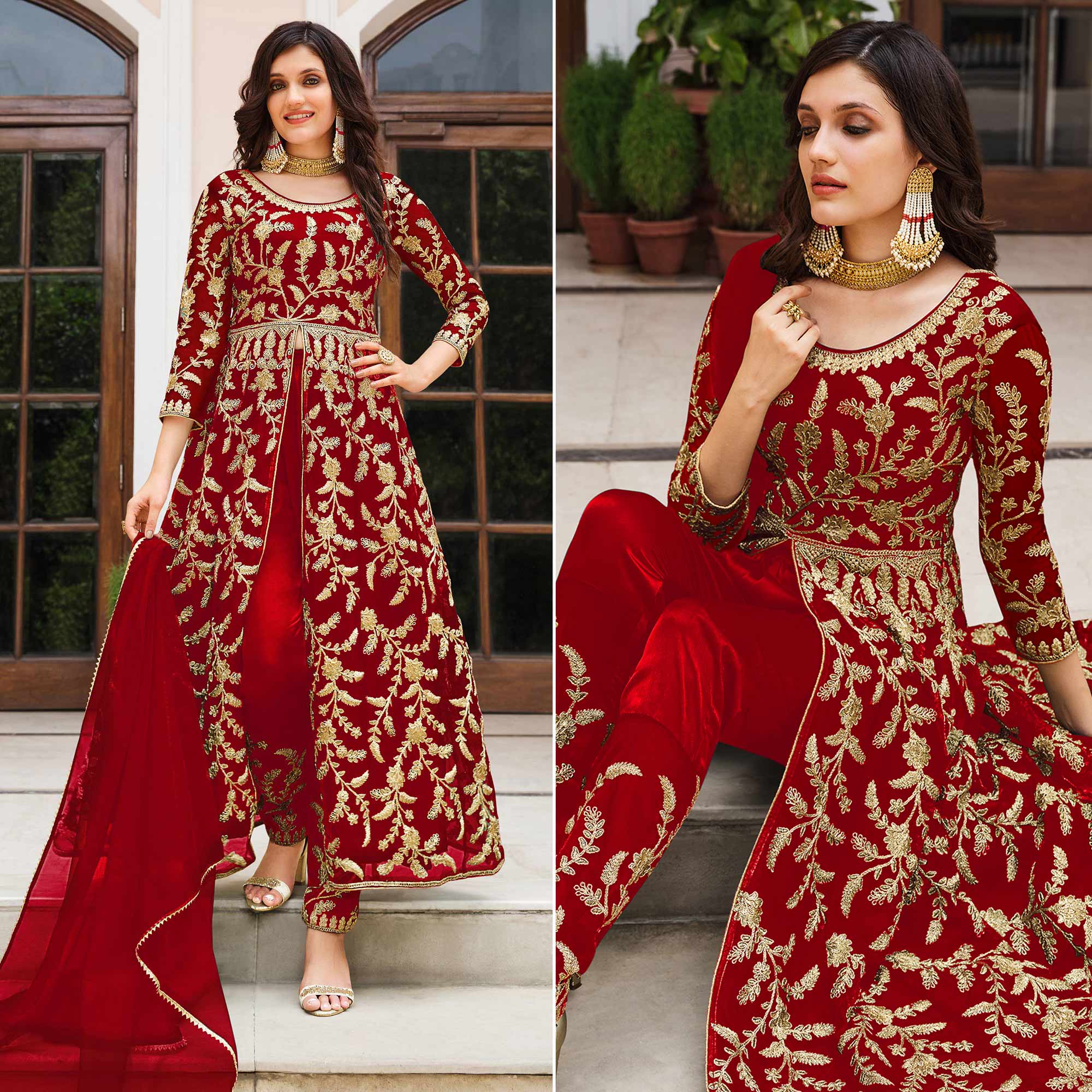 Red Floral Embroidered Net Suit