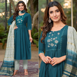 Blue Floral Embroidered Pure Silk Naira Cut Suit