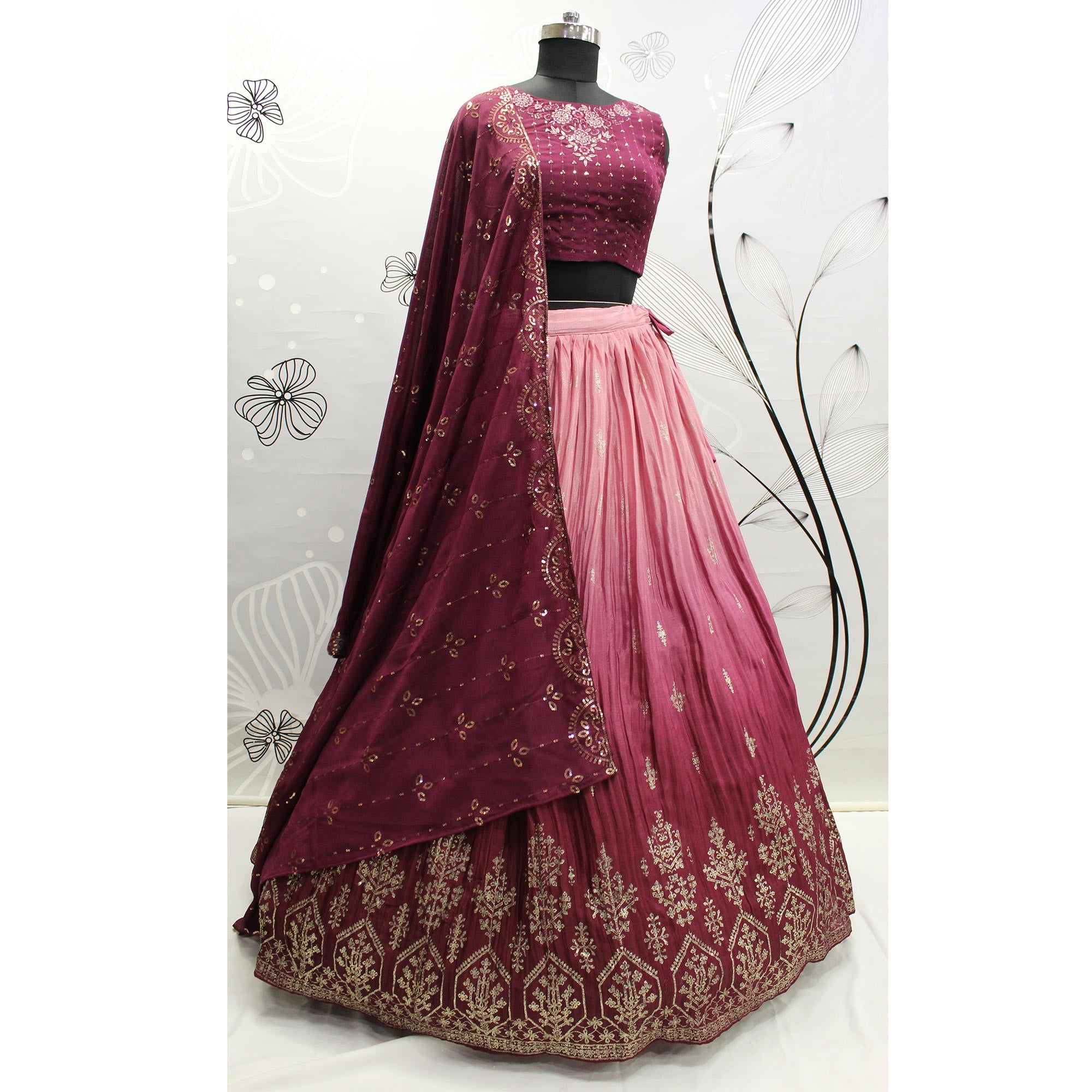 Pink & Maroon Foil Printed Chiffon Lehenga Choli