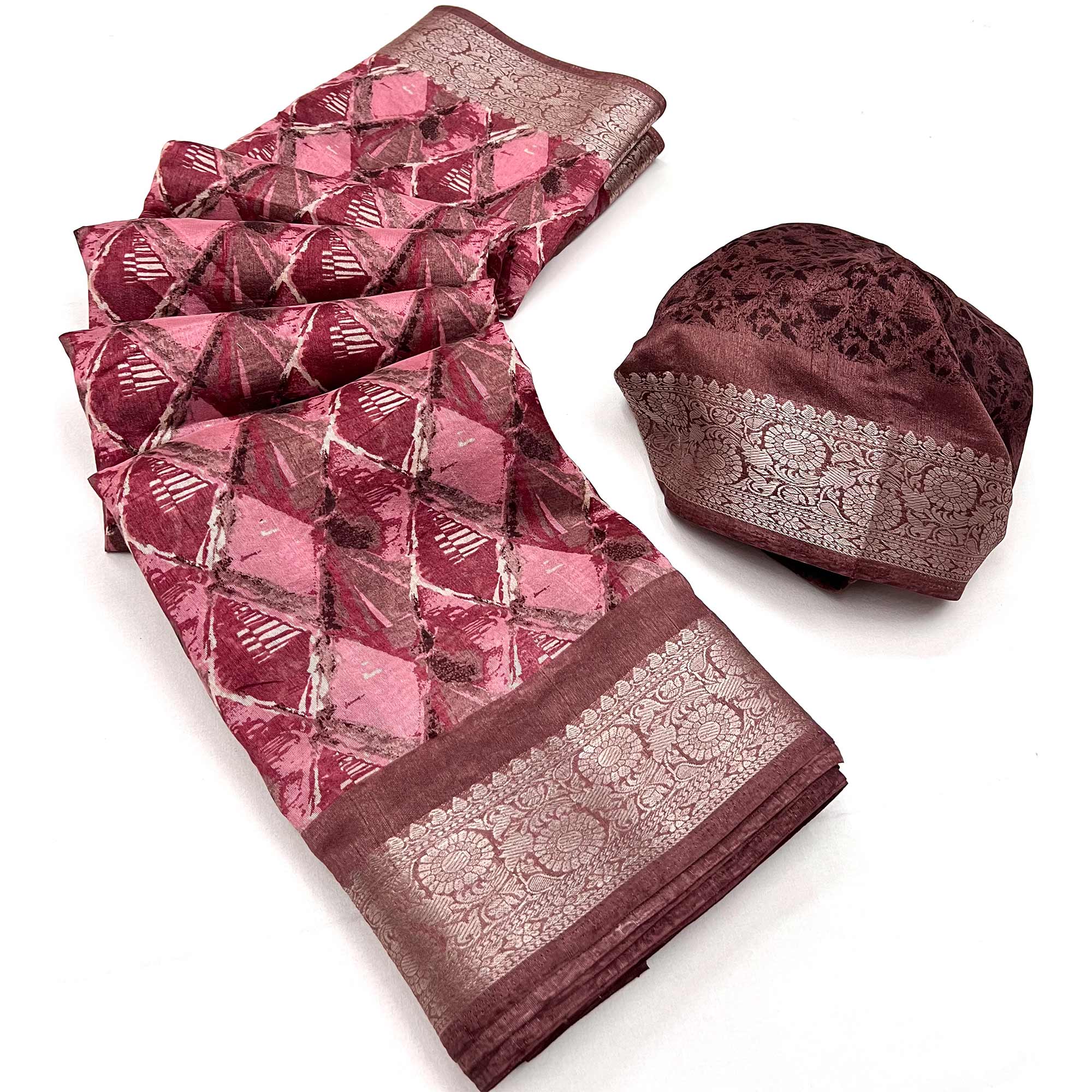 Pink Floral Printed With Woven Dola Silk Saree